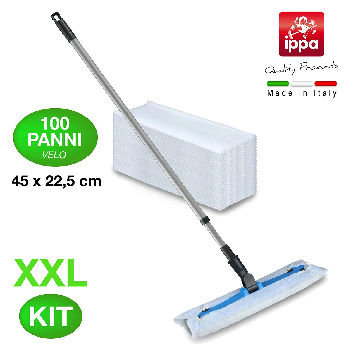 I.P.P.A. Set per la Pulizia del Pavimento. Base 39,5 cm x 11 cm, Manico allungabile 130 cm e 100 Panni Velo elettrostatici impregnati (45 cm x 22 cm). Compatibile con i sistemi swiffer.