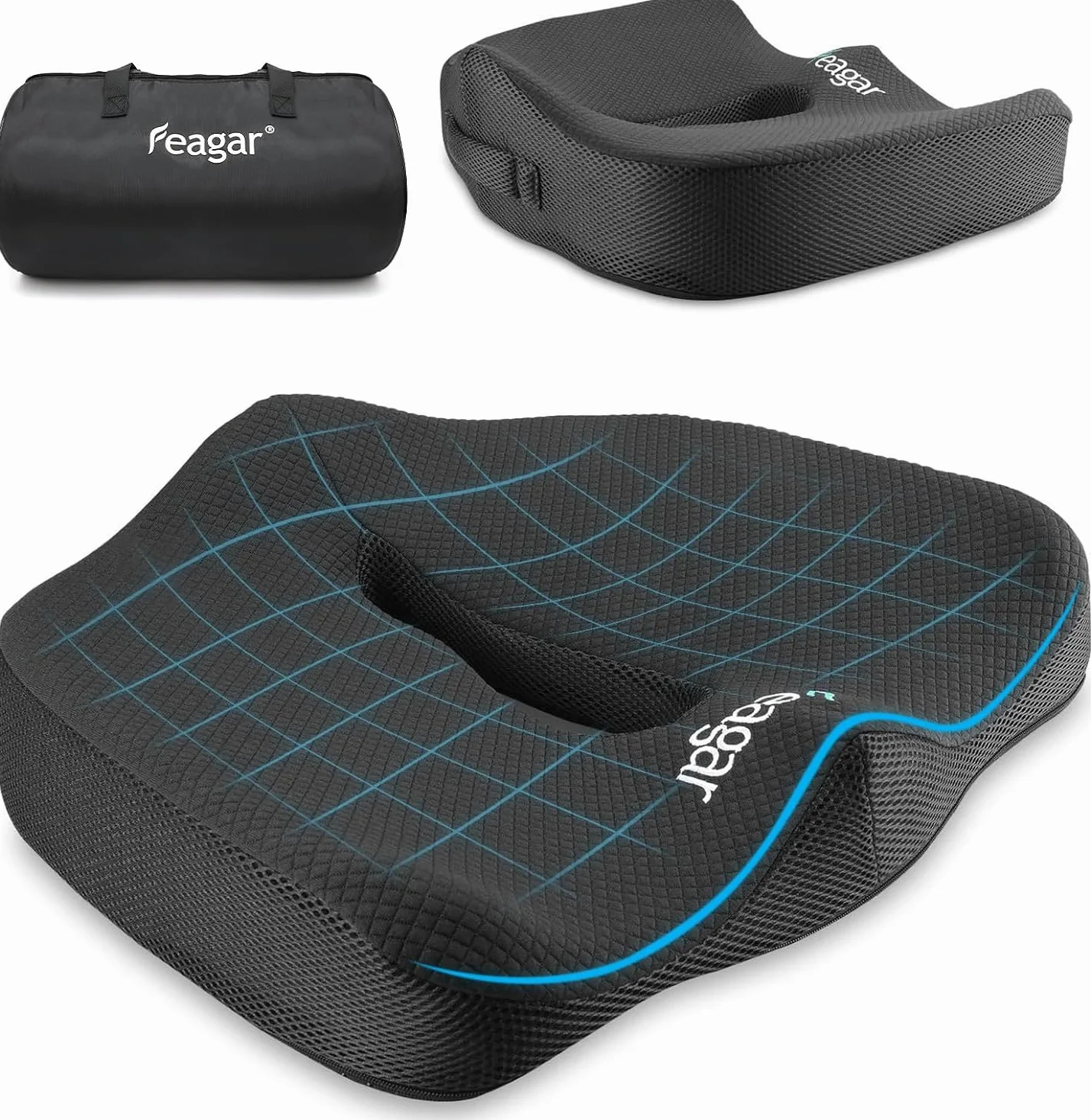 Feagar Cuscino per Sedile - Cuscini Ergonomico Sedile per Coccige Sciatica Lombare - Cuscino Memory Foam per Ufficio Casa Auto Sedia a Rotelle, Nero