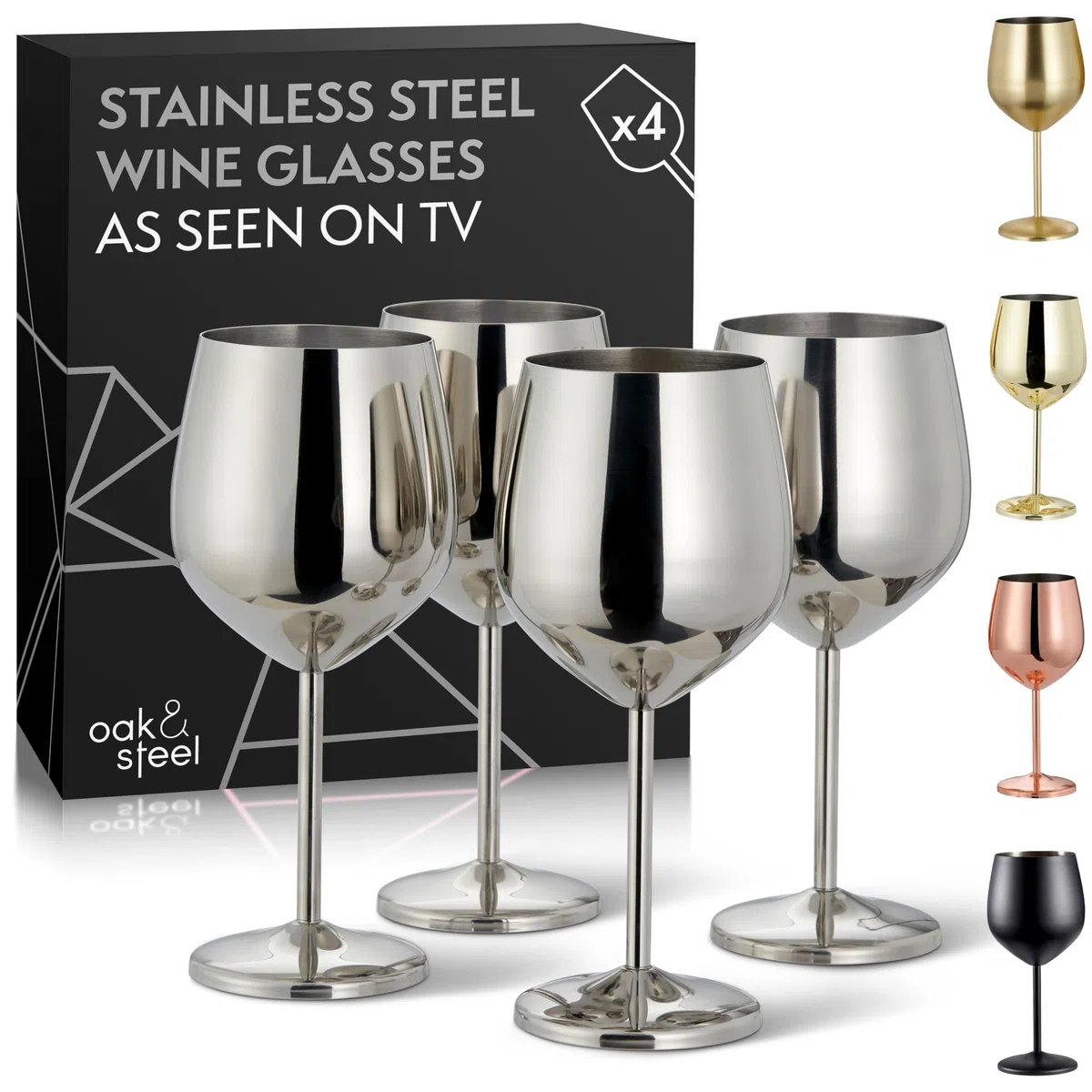 OS Oak & Steel - 4 Eleganti Bicchieri Da Vino In Acciaio Inossidabile, 500 Ml - Set Regalo Di Calici Infrangibili, Per Matrimoni, Anniversari, Feste Di Compleanno