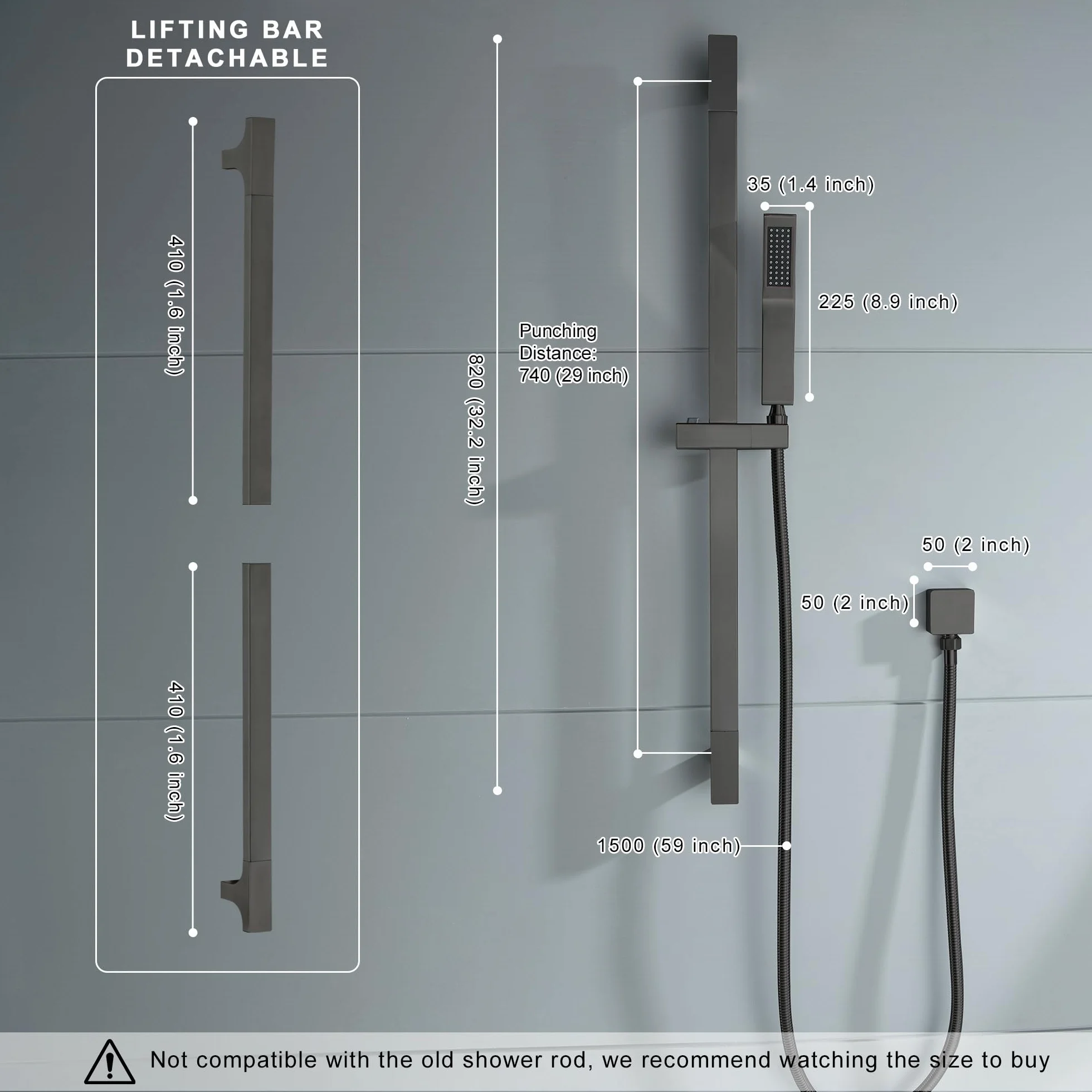 Asta Doccia in Acciaio Inox, Saliscendi Con Doccetta, Tubo e Supporto, Barra di Scorrimento per Bagno, Set Asta, Colonna Senza Miscelatore
