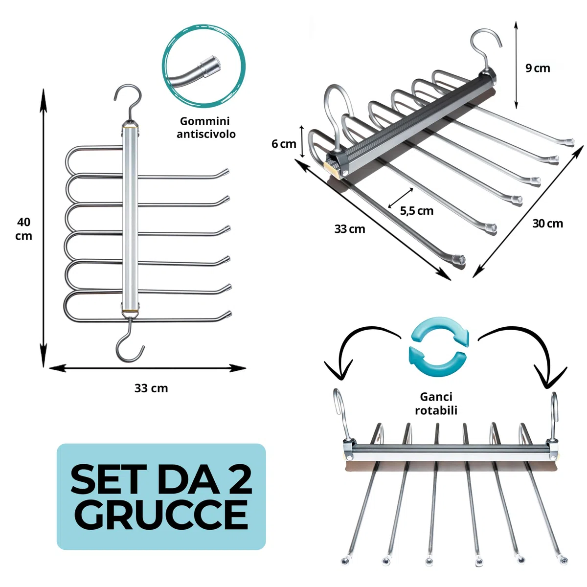 BAILIWANG - Grucce pantaloni 6 in 1,salvaspazio, 2 pezzi, organizer per borse cinture cravatte, appendiabiti, grucce per pantaloni, grucce salvaspazio