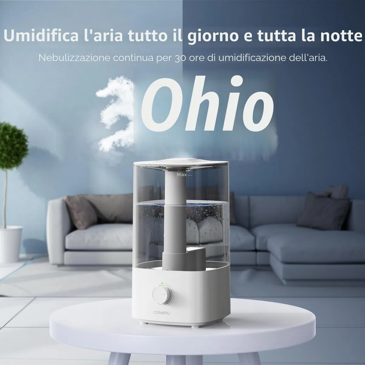 CONOPU Umidificatore, 4 l, umidificatore per camera da letto, camera da letto, camera dei bambini, 300 ml/h, bianco