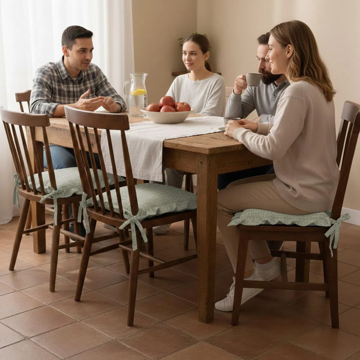 HAND Set 4 Cuscini per Sedie con Lacci Antiscivolo, Sfoderabili, Imbottitura Inclusa, Dimensioni con bordi 45x45 cm, Adatto per Cucina, Interni ed Esterno (Beige)
