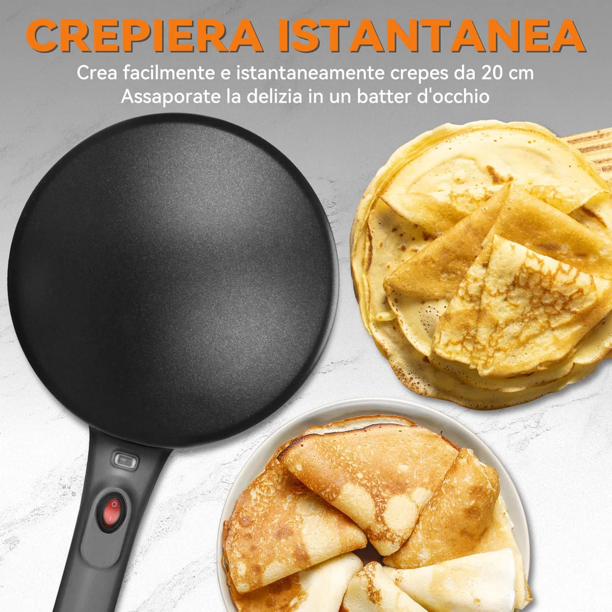 Baker's Friend Macchina per Crepes Instantanea, Padella per Crepes con Manico Anti-Scaldamento, Superficie Cottura Antiaderente da 20 cm, Regolazione Automatica della Temperatura, Grafite