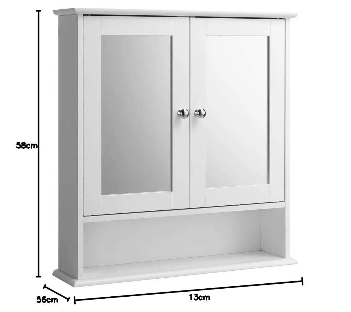 BAKAJI Mobiletto Specchiera Bagno Armadietto a Muro 3 Ripiani in Legno MDF Doppia Anta a Specchio con Apertura Centrale Dimensione 56 x 13 x 58 cm (Bianco Specchio)