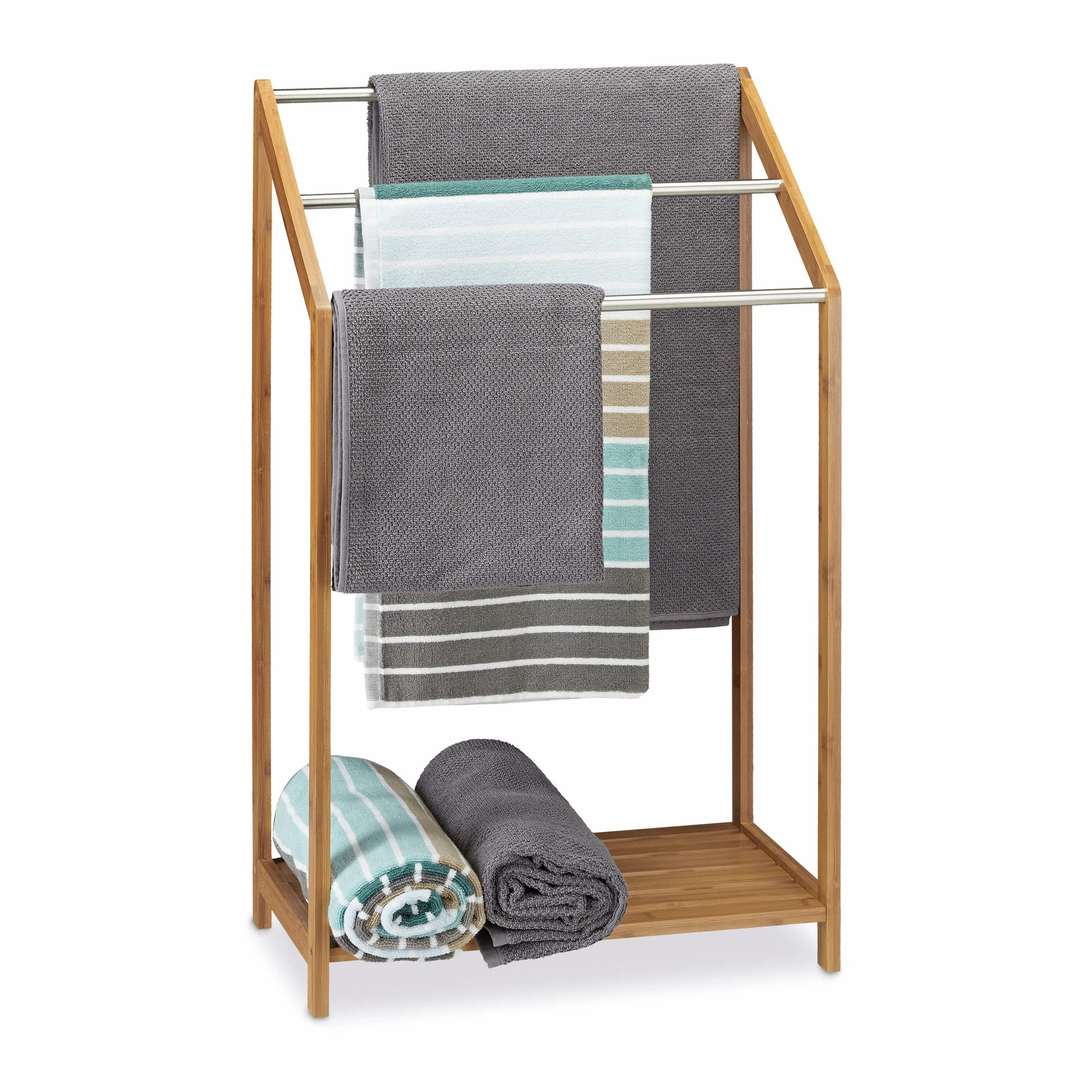 Relaxdays Porta Asciugamani in Bambù, con 3 Aste, Stand da Terra per Bagno, Moderno, HLP 85 x 51 x 31 cm, Legno Naturale