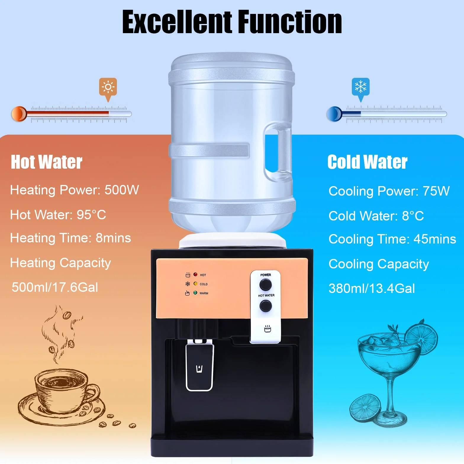 Dispenser di acqua automatico, 550 W, dispenser di acqua elettrico con raffreddamento, dispenser di acqua calda, dispenser di acqua fredda per scrivanie, comodini, tavolini da caffè
