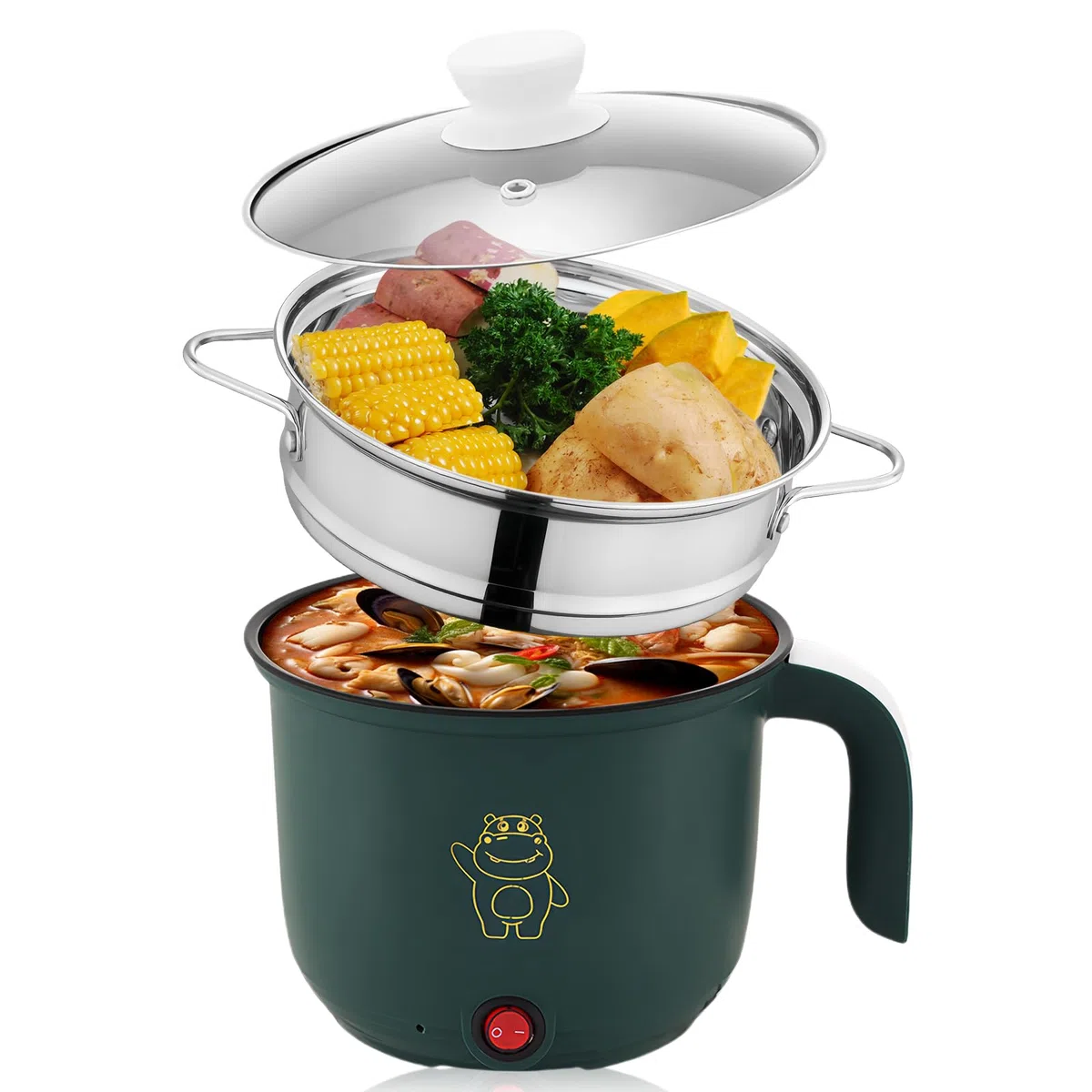 BORDEAG Mini fornello antiaderente, 1.8 l, pentola elettrica, pentola portatile, mini fornello portatile per bistecca, pasta, uova, Avena, Ramen, con vapore, verde
