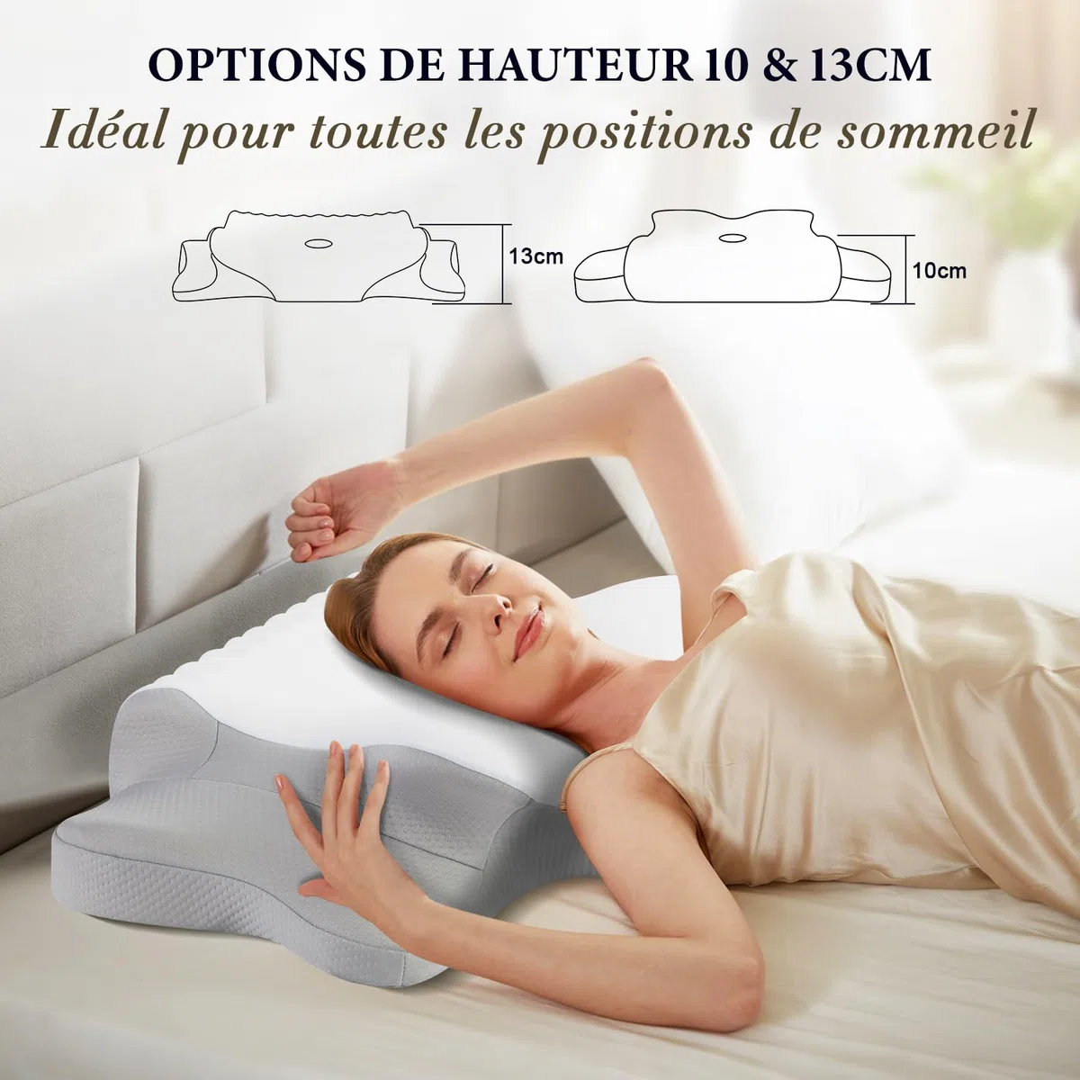 Cuscino Cervicale Memory Foam, Cuscino Ortopedico per Dormire con Supporto per Collo e Spalle, Doppia Altezza 10/13 cm, Federa Traspirante Sfoderabile Lavabile, 64x39 cm, Grigio Chiaro