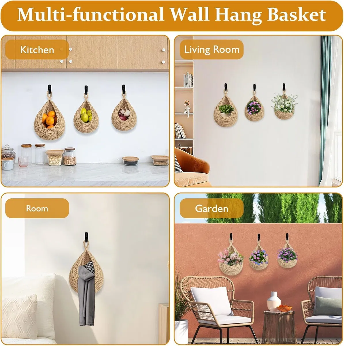 4 cestini da appendere alla parete, per frutta e verdura, in corda di iuta intrecciata, da appendere alla parete, organizer da appendere alla porta, con 8 ganci, per cucina, camera da letto, bagno