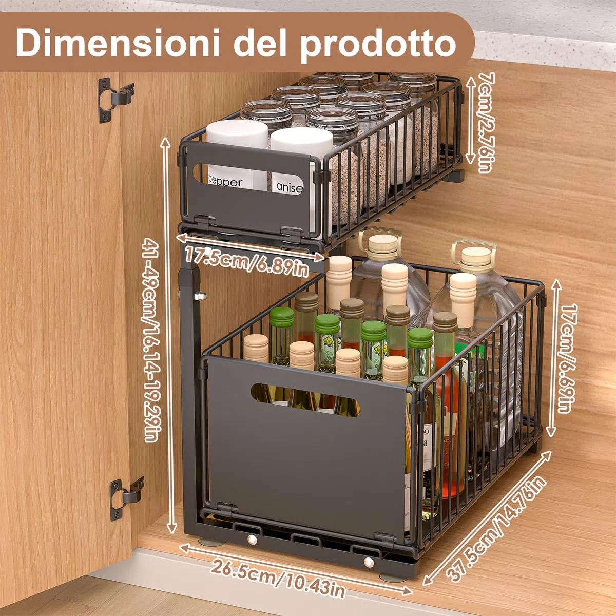 Organizer Sottolavello Cucina 2 Livelli,Sottolavello Cucina Metallo,Altezza Regolabile,Organizzatore Sottolavello Cucinas,Estraibile,Nero,1 Pezzi