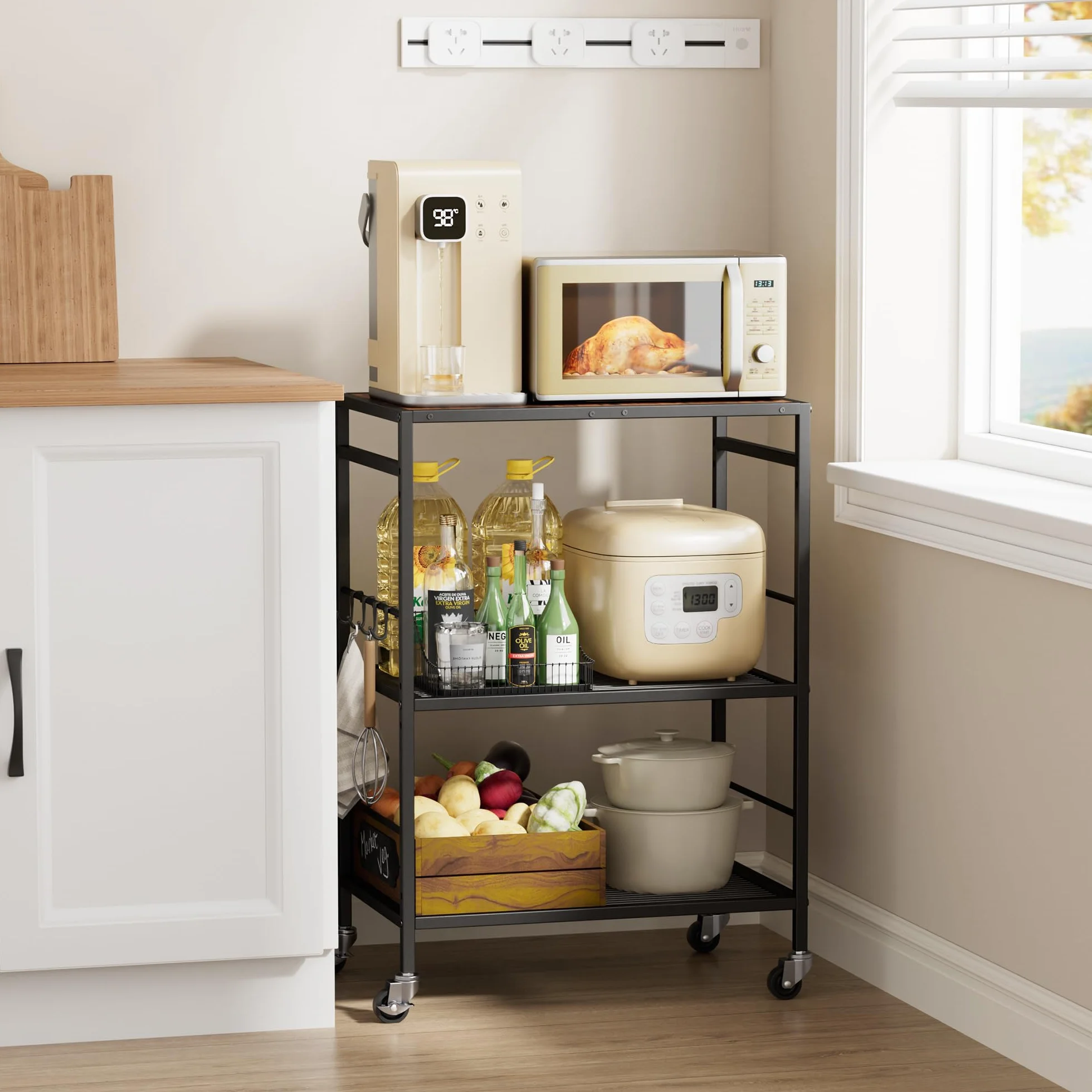 Carrello da cucina (telaio nero + pannello nero, organizzatore mobile, ruote industriali (spazi piccoli), 3 livelli (40 x 60 x 84.7 cm)