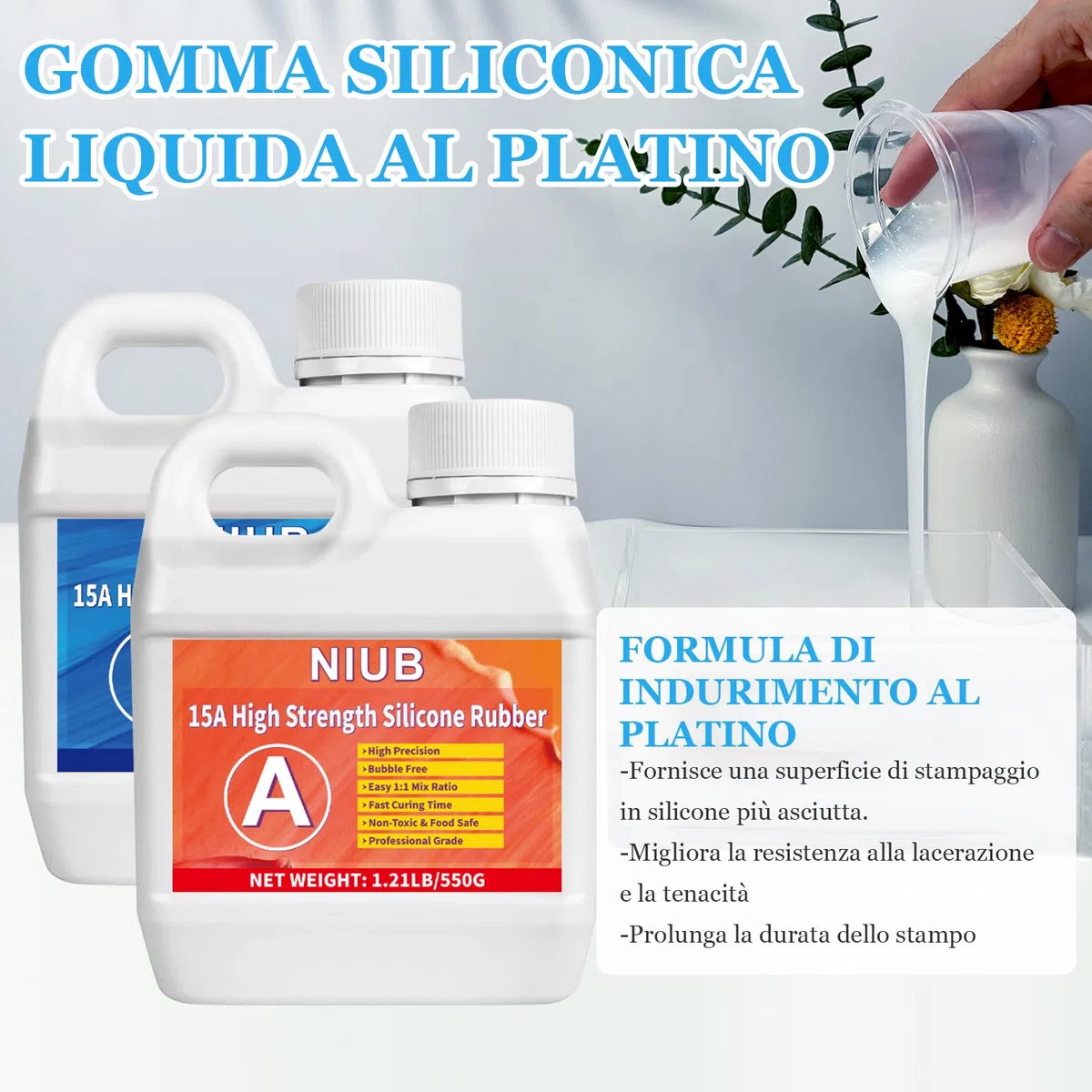 NIUB 15A 1,25kg Gomma Siliconea per Stampi - Kit Non Tossico con Alta Resistenza
