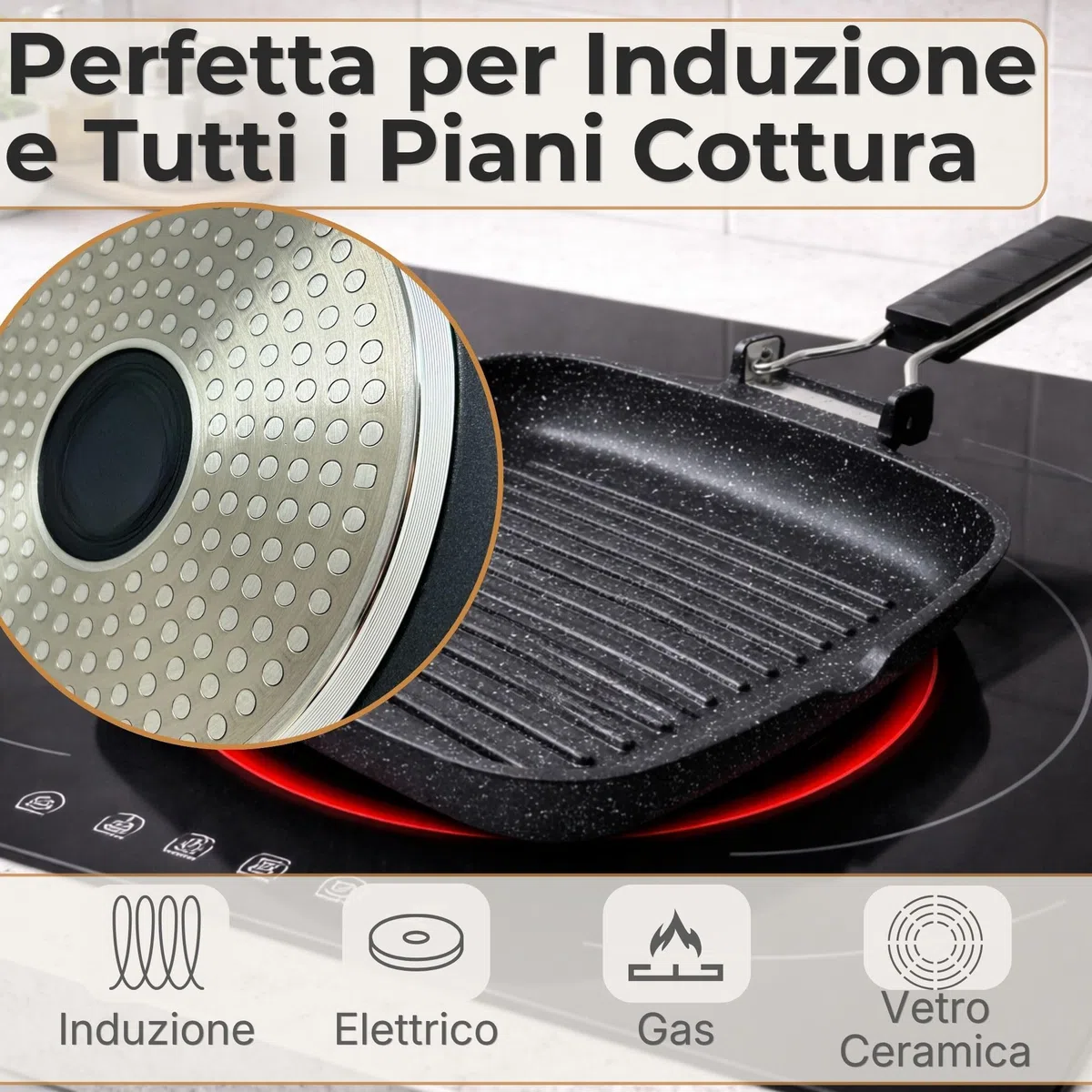 NAMAI - Bistecchiera Per Induzione 35 CM x 24 CM, Rivestimento Antiaderente, Alluminio Pressofuso, Adatta In Lavastoviglie, Manico Pieghevole Salvaspazio (35 x 24 CM)