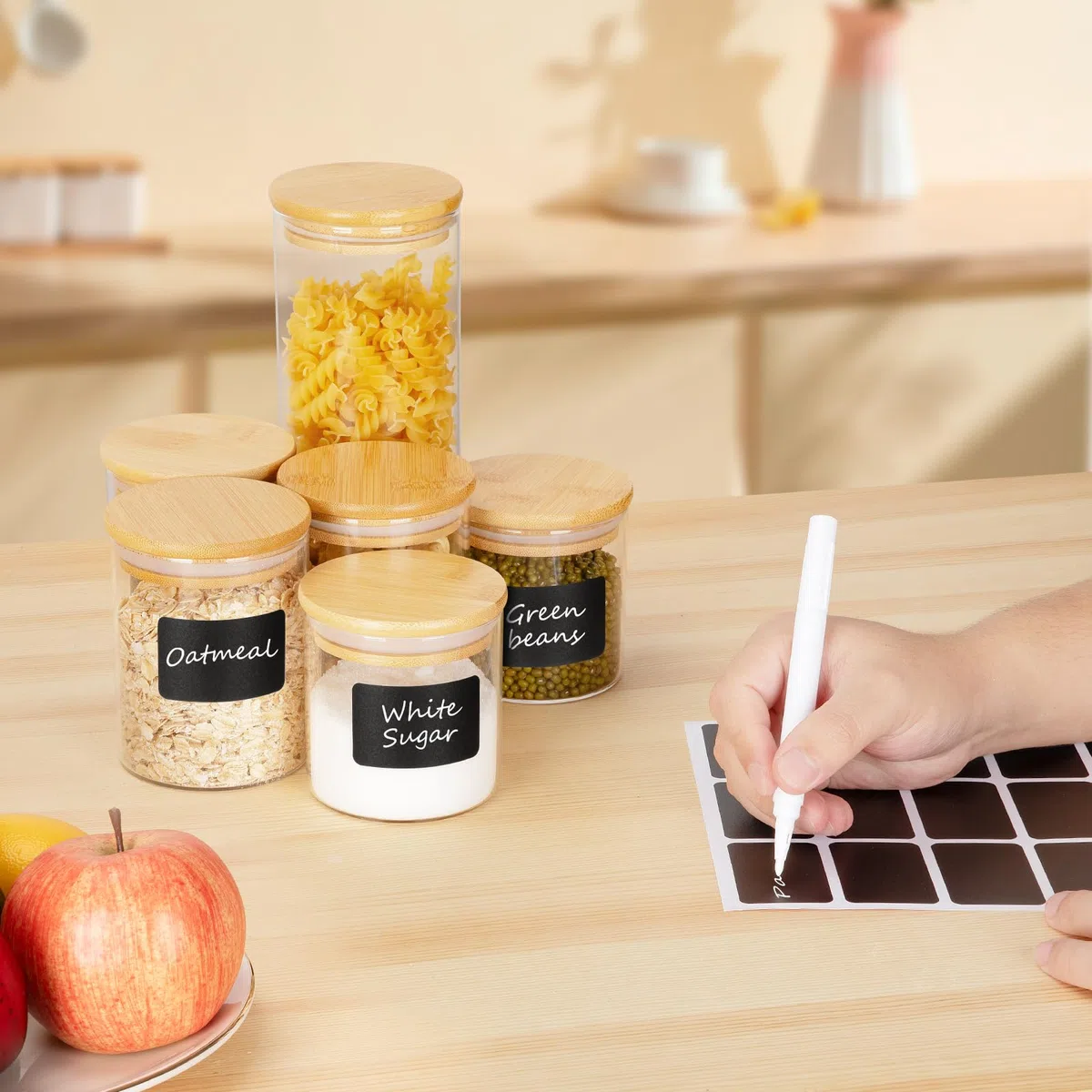 Cinnani Set di 10 Barattoli Vetro con Coperchio,Ermetici,Barattoli da Cucina in Vetro con Coperchio,Contenitori per Alimenti con coperchio di Bambù,barattoli Cucina vetro per Biscotti,Pasta,Cereali