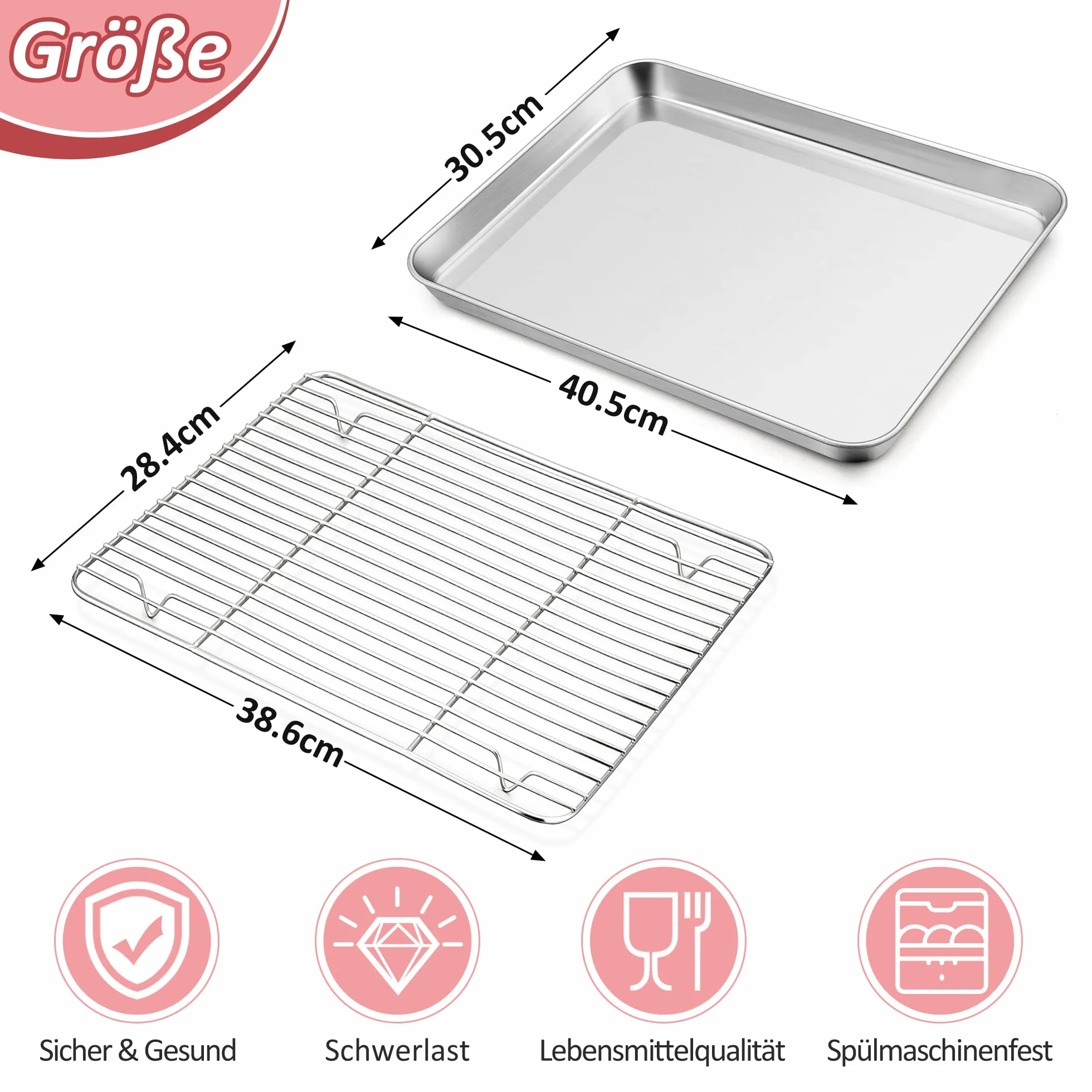 Joyfair - Teglia da forno con griglia di raffreddamento, in acciaio inox, grande teglia da forno e griglia per torte, 40,5 x 30,5 x 2,5 cm, rettangolare e griglia di raffreddamento per