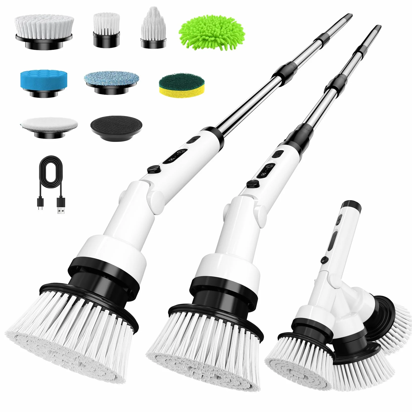 Spazzola Rotante Pulizia Casa- Spazzola elettrica rotante 8 in 1, Potente Pulizia Spazzola, 3 Velocità Manico Regolabile Spazzola Elettrica Pulizia Bagno Cucina, Spazzola Elettrico Senza Fili