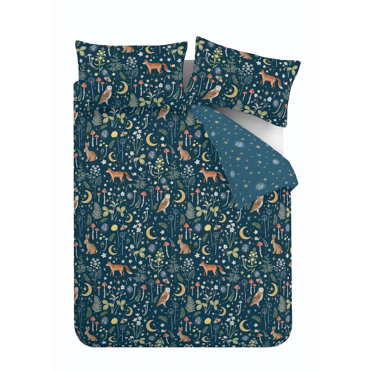 Catherine Lansfield Enchanted Twilight Animals - Set copripiumino matrimoniale reversibile con federe, colore: blu navy