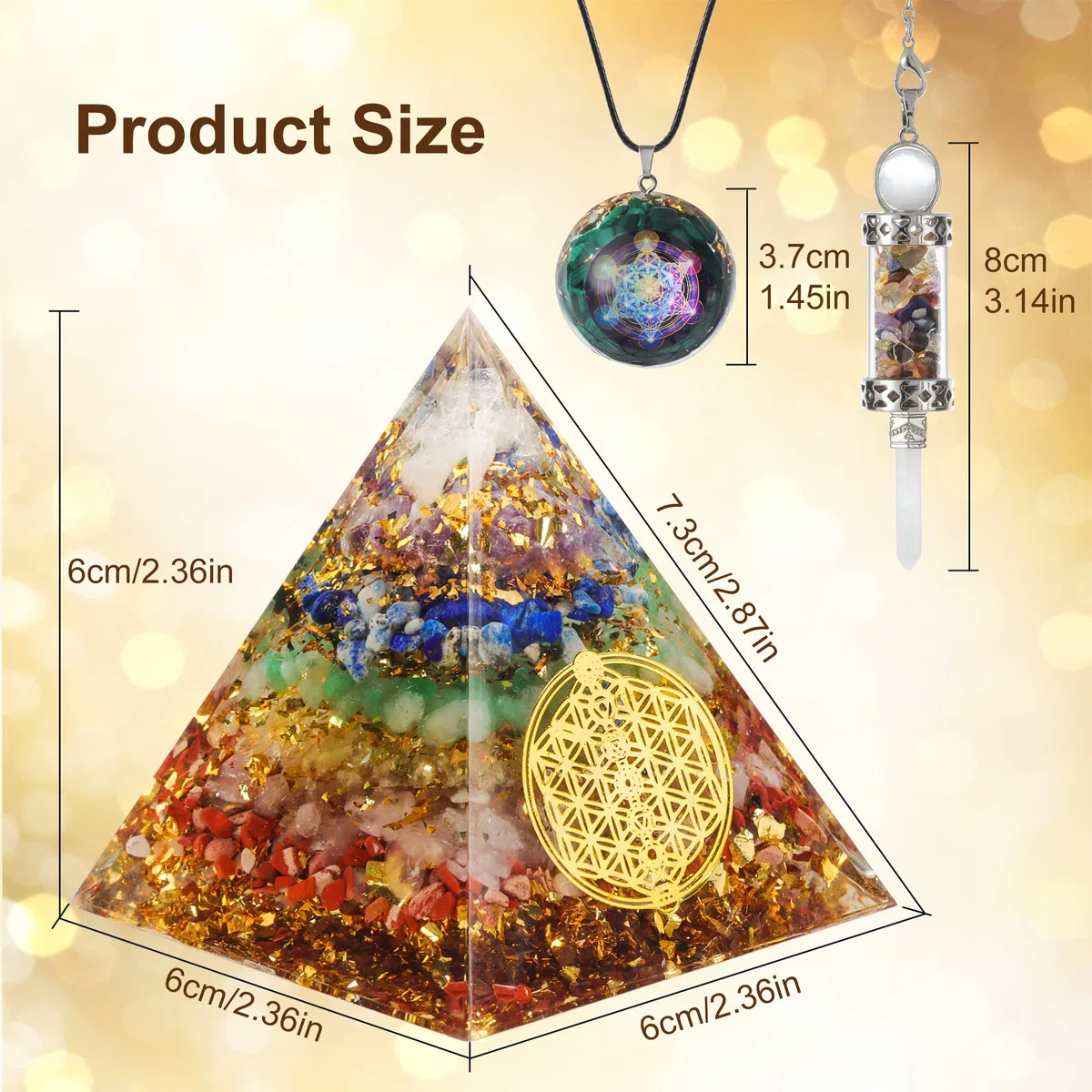 The7boX Orgone Piramide, 7Crystal Chakra Set con Pendente e Pendolo per Reiki Healing e Crystal Grid Meditation, per Healing Health (6cm*6cm)
