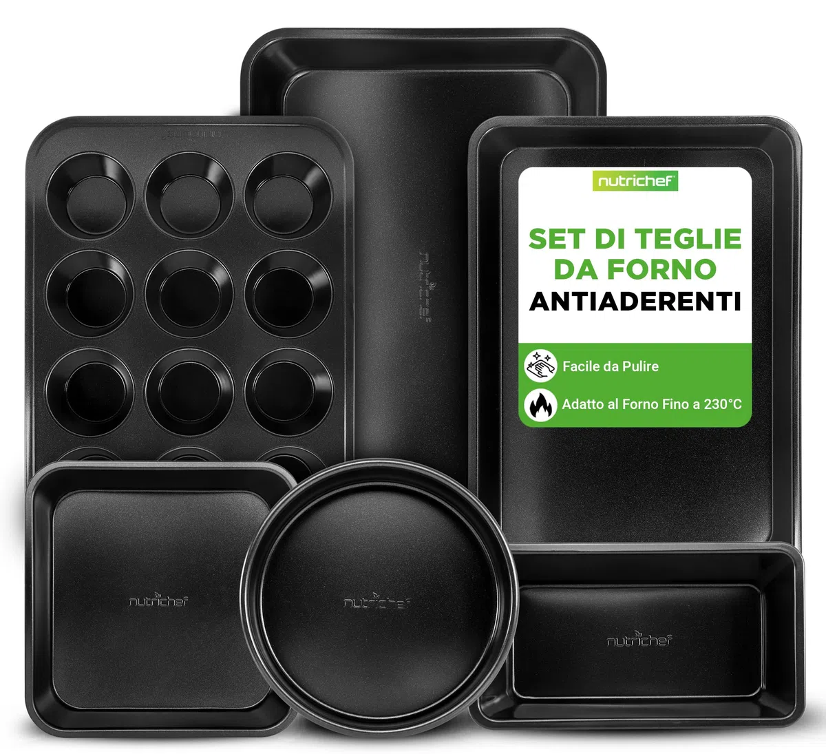 NutriChef Set di 6 Teglie da Forno Antiaderenti in Acciaio al Carbonio, Teglie Forno per Biscotti, Muffin, Torte e Pane, Resistenti ai Graffi, Lavabili in Lavastoviglie, Nero