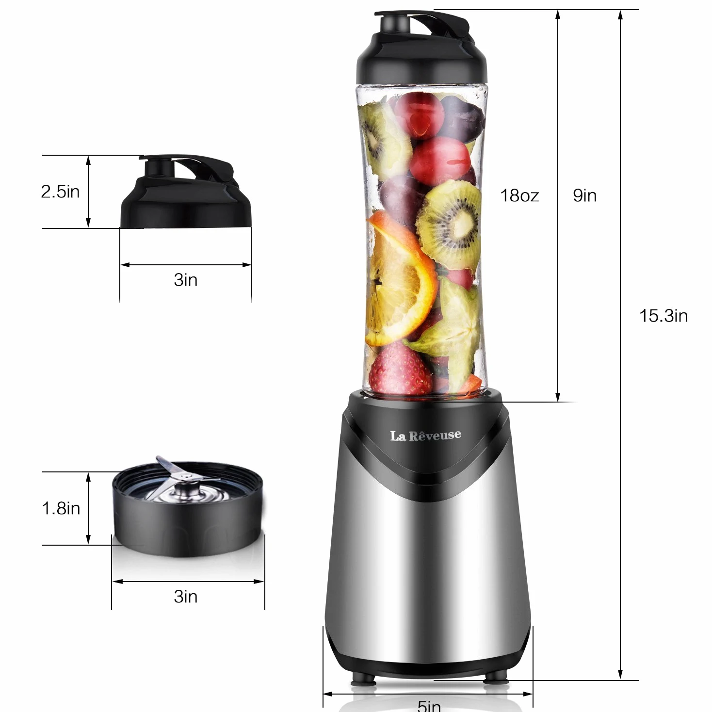 La Rêveuse Frullatore Personale Mini-size Blender con 2 Bottiglie Portatili 550ml,senza BPA,2 Coperchi da Viaggio,Mixer per Smoothie (Silver)
