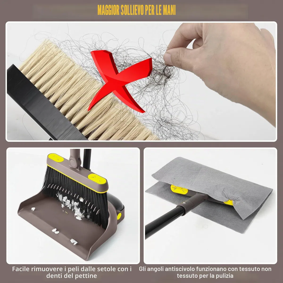 JEHONN Scopa e Paletta con Manico Lungo 138CM, Salvaspazio 180 Gradi Spazzola Brevettato Openable Dustpan Tail Richiudibile per Cucina Giardino Casa Ufficio (Marrone Giallo)