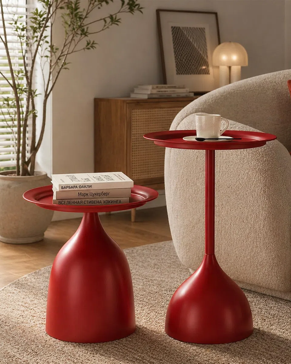 Tavolini da Salotto Rosso in Metallo Set di 2 Tavolino da Divano Rotondo Moderno, Tavolino da Balcone Impermeabile e Antiruggine Tavolo Rotondo per Soggiorno e Camera, H 42+60cm