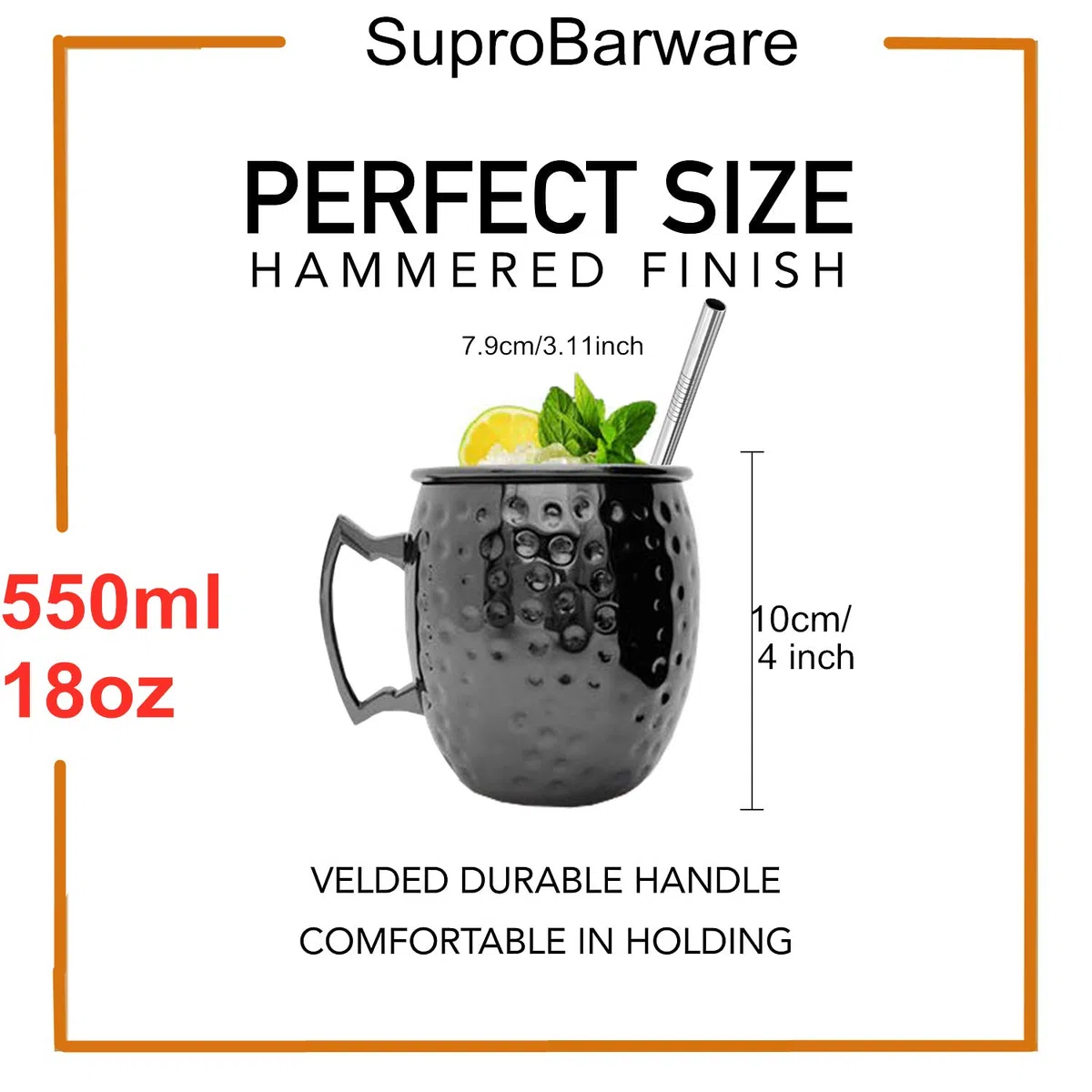 SuproBarware Moscow Mule - Set di 4 tazze con doppio jigger, in acciaio inox placcato nero, 18oz, perfetto per bevande fredde 4 pezzi, colore nero.