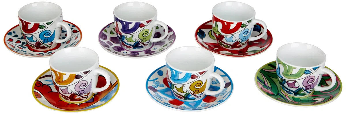 Excelsa Lisbona Set 6 Tazzine da caffè con Piattino, Porcellana, Multicolore