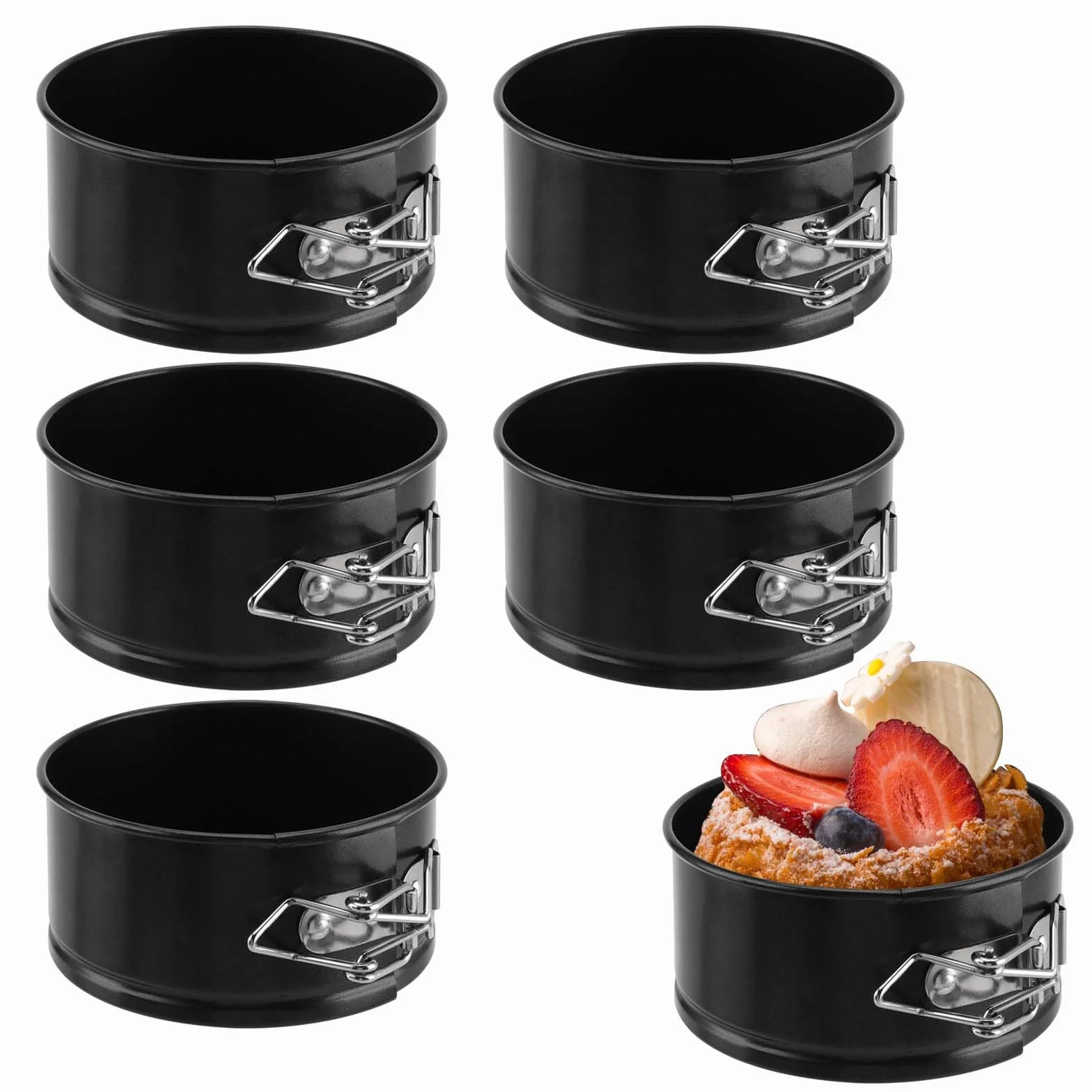 SINJEUN Confezione da 6 Mini Tortiere a Molla 10,2 cm, Teglie Antiaderenti in Acciaio al Carbonio con Fondo Rimovibile per Cheesecake, Torte e Quiche