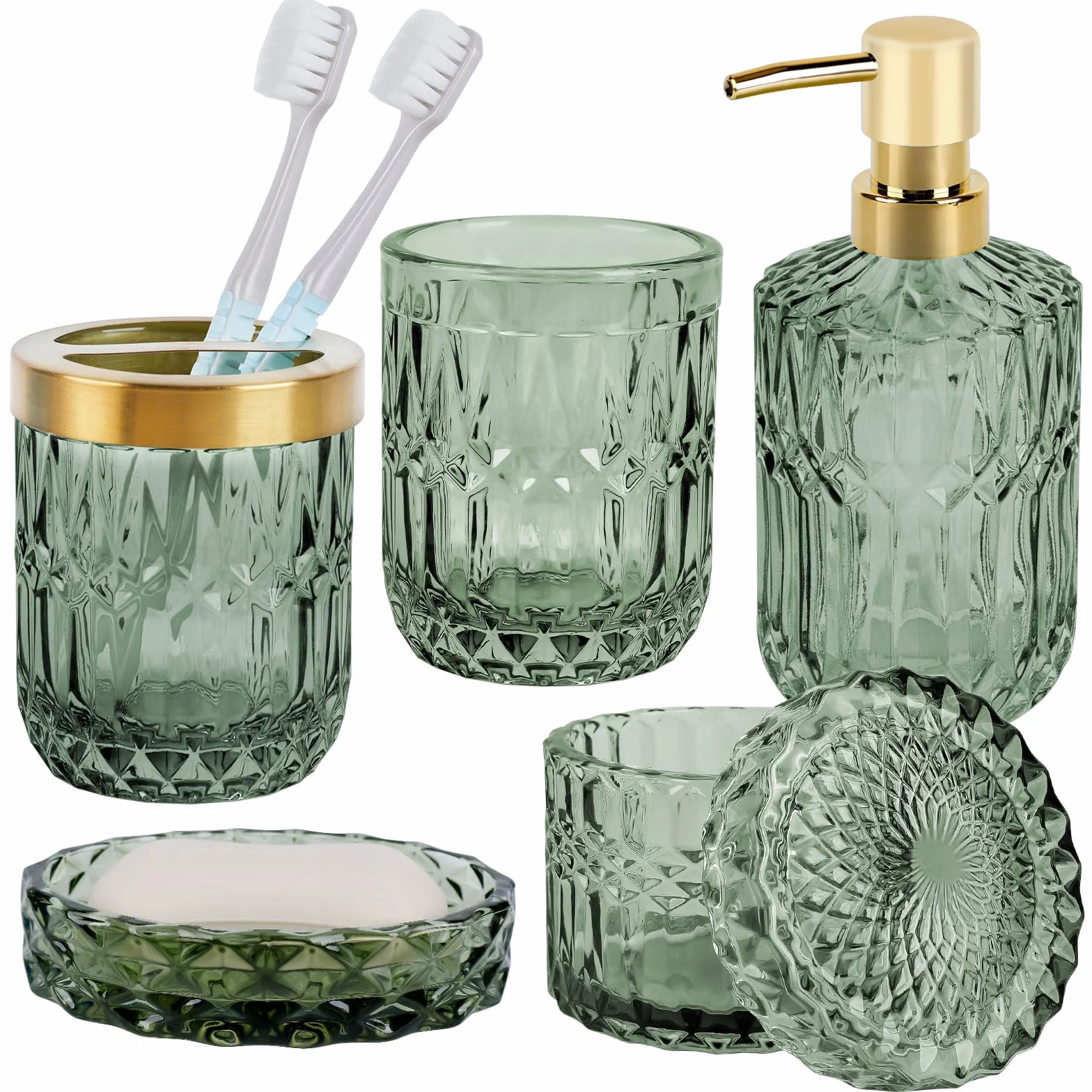 Set di 5 Accessori da Bagno in Vetro, Accessori da Bagno con Dispenser per Lozioni, Portasapone, Portaspazzolino, Tazza di Vetro, Barattolo di Cotton Fioc, Decorazione Moderna per Il Bagno