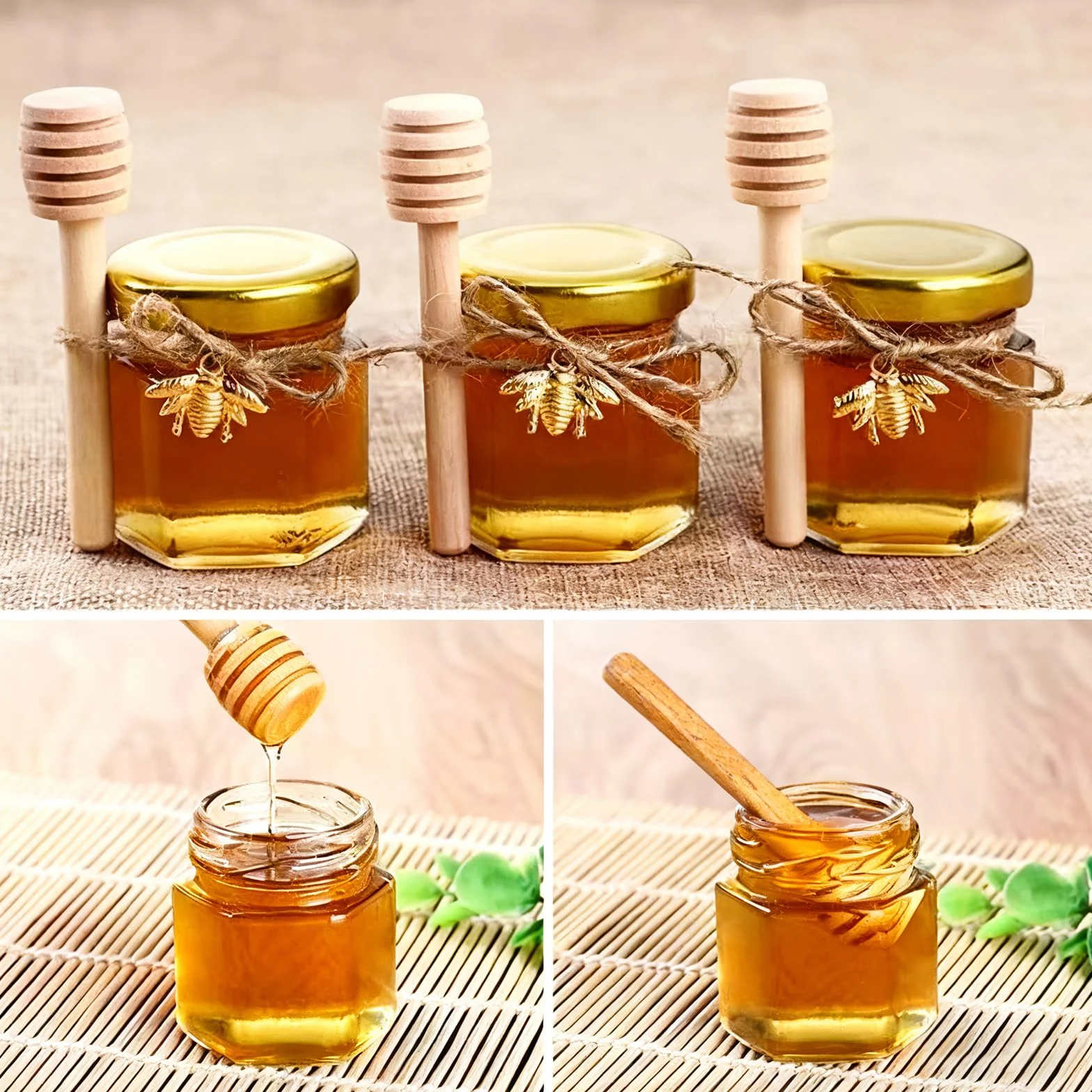 30 Pcs Vasetti Mini Miele Esagonali Vetro 45ml con Coperchi Dorati a Vite, Cucchiai per Miele, Ciondoli Api – Ideali per Baby Shower, Nozze, Battesimo, Regali di Natale e Bomboniere