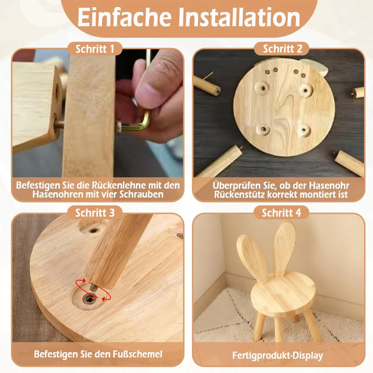 Sedia per bambini in legno, 45 x 26 cm, per cameretta dei bambini, stabile seggiolone con orecchie di coniglio, schienale per bambini, piccolo sgabello per mangiare, giocare e leggere