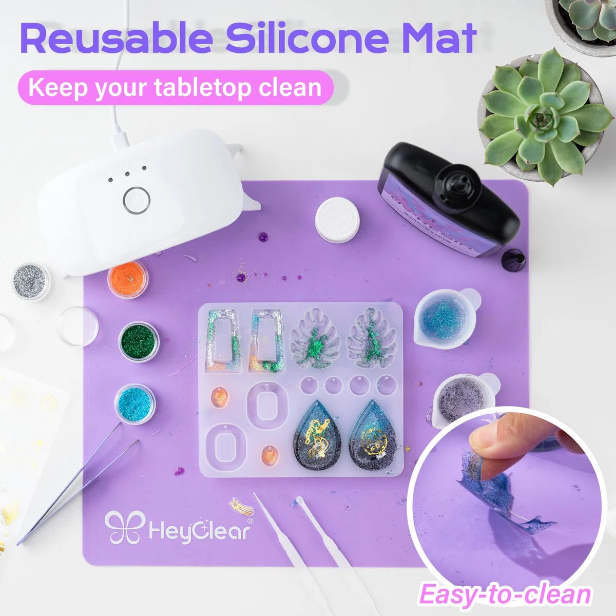 HeyClear Kit Resina UV con Lampada UV - 250g Resina UV Trasparente e Dura, per Principianti di Resina UV, UV Resin per Gioielli, Stampi e Fai-da-te