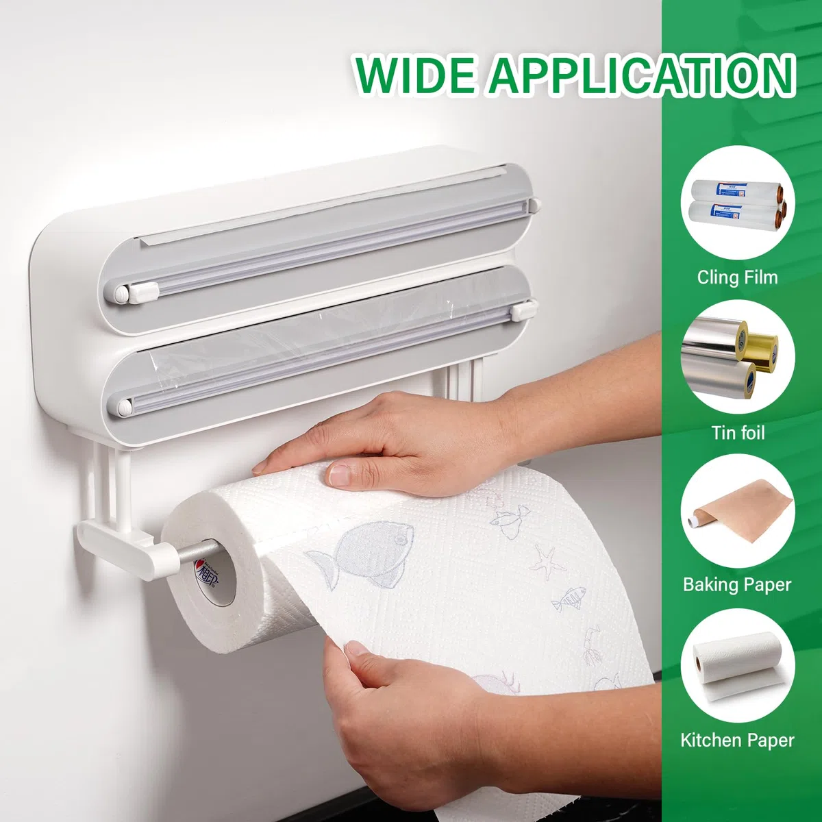 Distributore di Pellicola con Taglierino 3 in 1 Dispenser Universale per Pellicole e Portarotolo da Cucina Dispenser di Pellicola Trasparente per la Cucina Salvafreschezza
