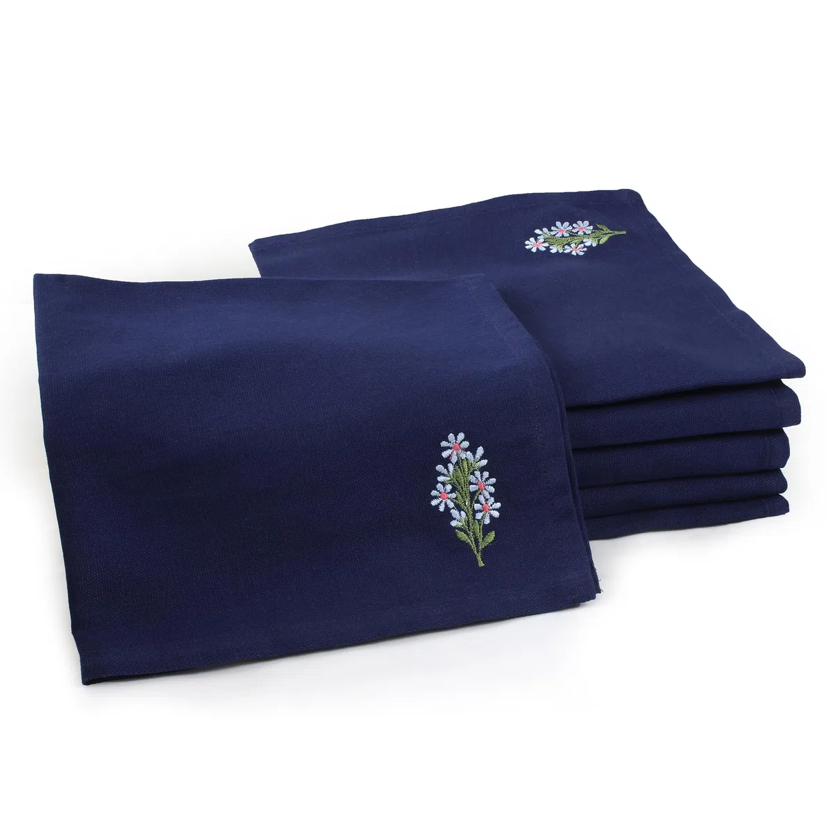 Encasa XO Set di 6 Tovaglioli da Tavola | Tovaglioli in Cotone 43x43 cm | Design Ricamato con Fiore blu scozzese