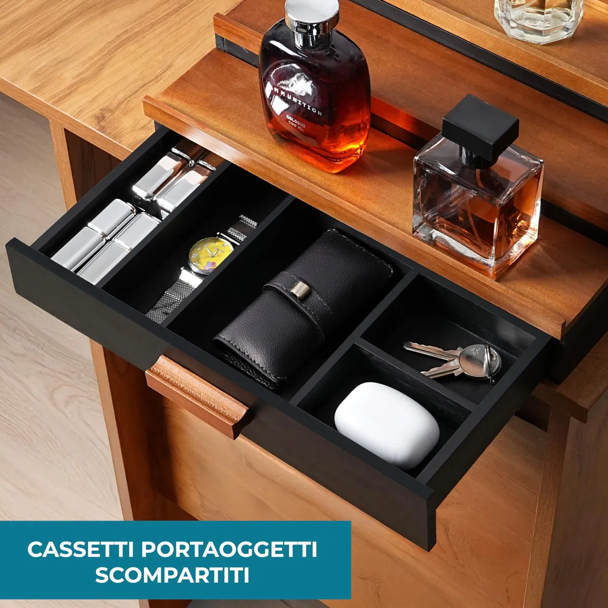 Winter Shore Porta Profumi a Scaletta in Legno - Espositore Profumi con Cassetto Estraibile - Espositore Profumi per Uomo - Organizer a 3 Ripiani in Legno per Comò - Espositore da Banco