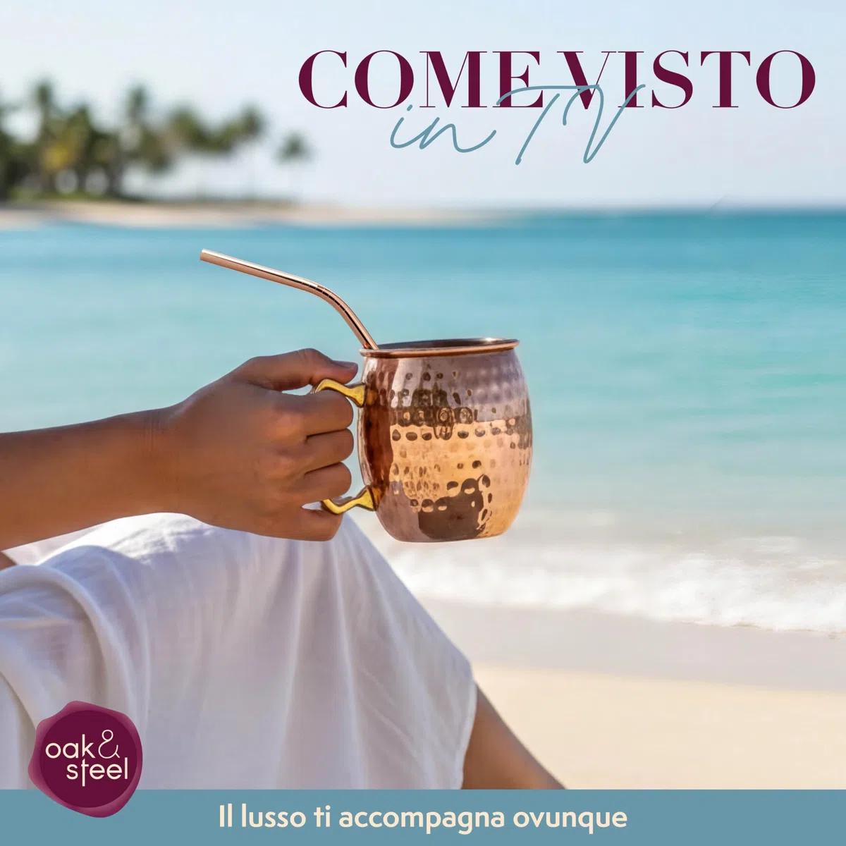 Oak & Steel - Confezione da 4 Esclusivi Bicchieri Moscow Mule in Rame con Spazzola in Acciaio Inossidabile e Cannuccia per Bevande Fredde