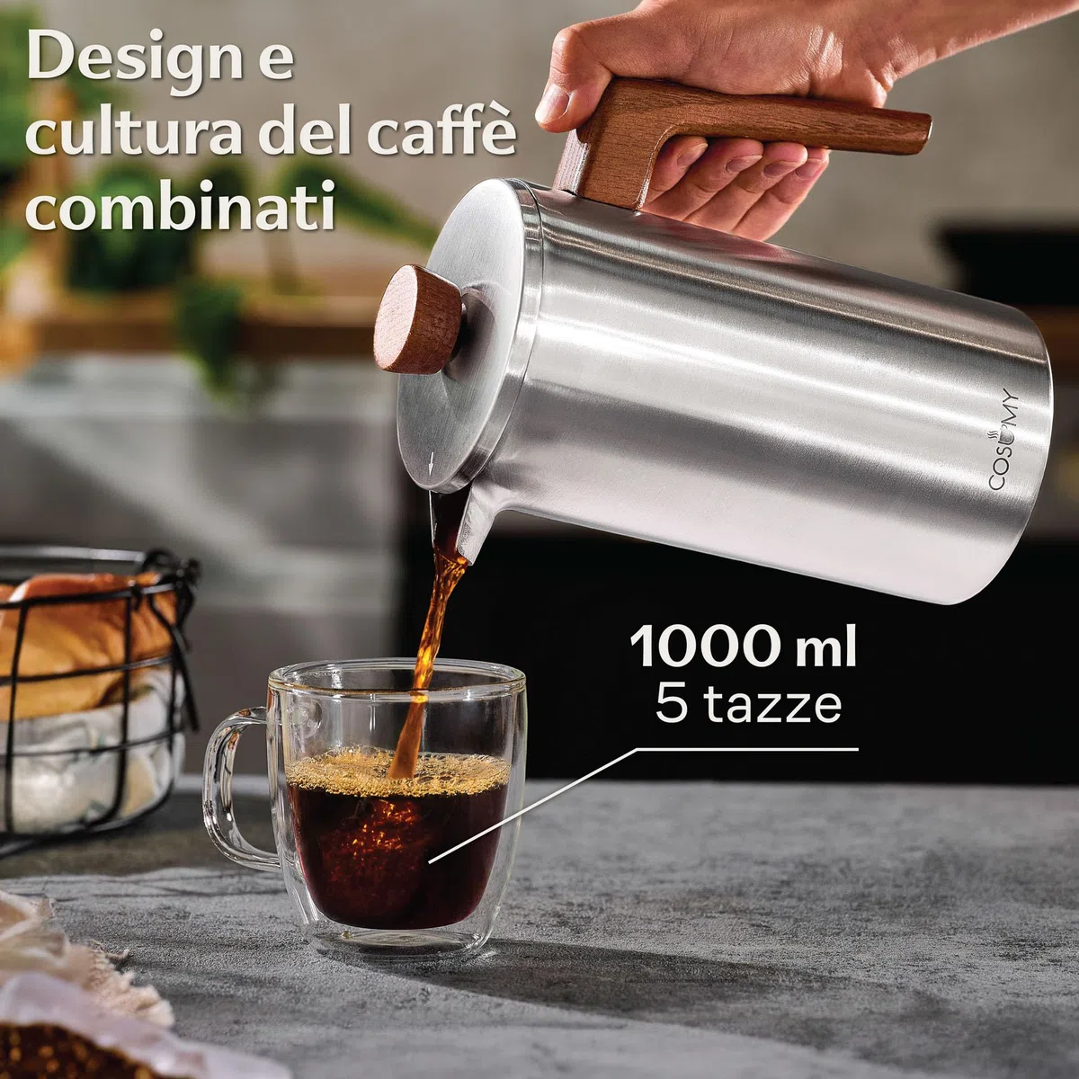 Cosumy French Press Caffettiera francese 1l - Doppia parete a Acciaio Inox e FSC legno - Mantiene caldo il caffe - 5 Tazze