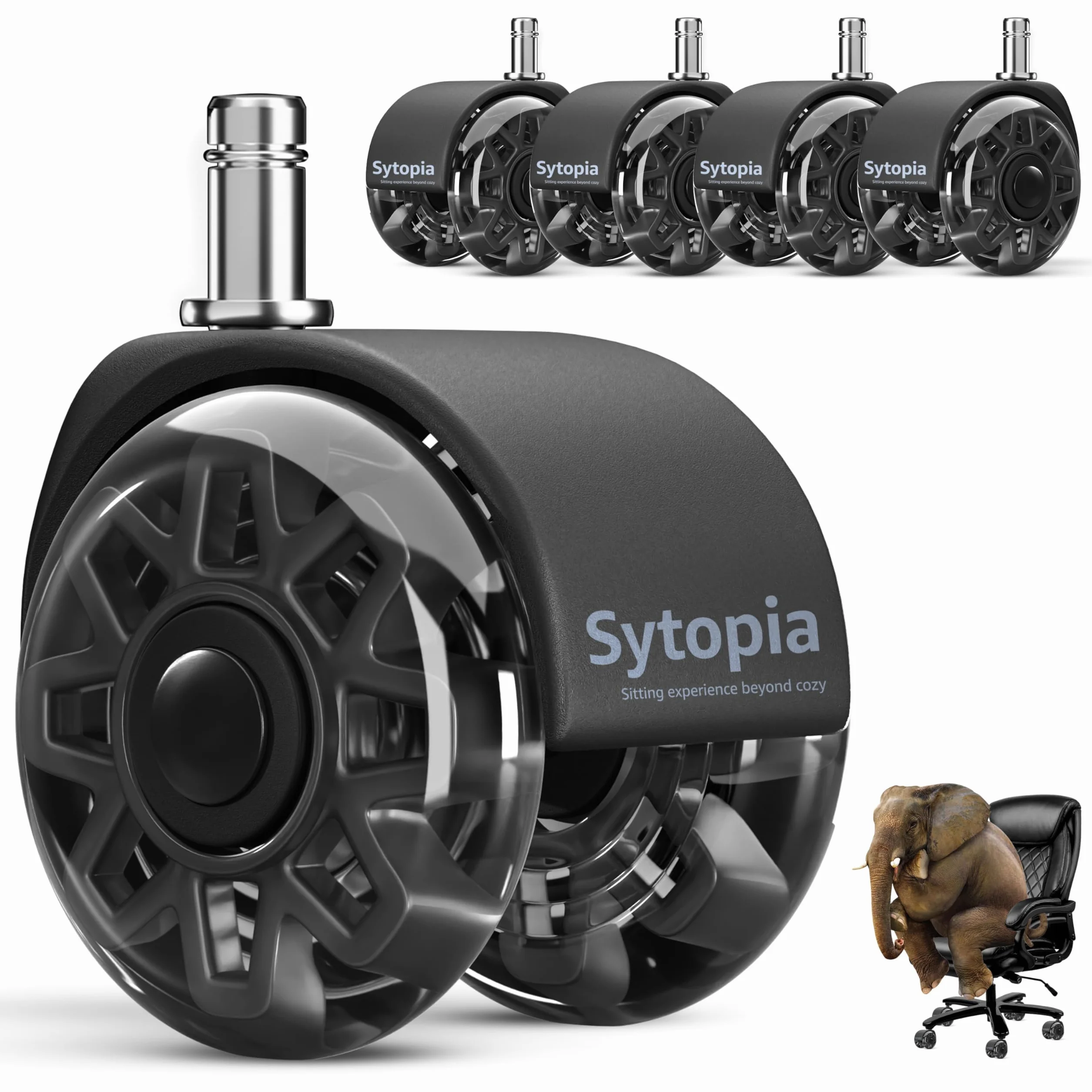 Sytopia Set di 5 Ruote per Sedie da Ufficio - 11 x 22 mm, Gomma per Tappeti, Pavimenti Duri, Parquet - Grandi Ruote Perfette (Nero, Non per 1KEA)