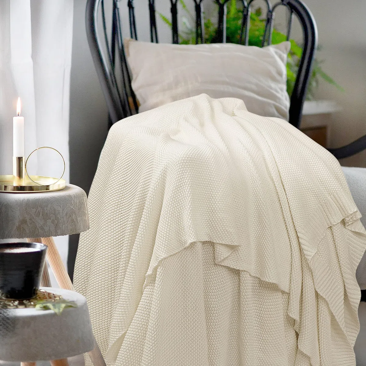 PICCOCASA, coperta lavorata a maglia, di cotone al 100%, morbida, compatta, decorativa, per divano, poltrona, camera da letto, 100%_cotone/cotone, Beige-without Tassels, 50" x 60"