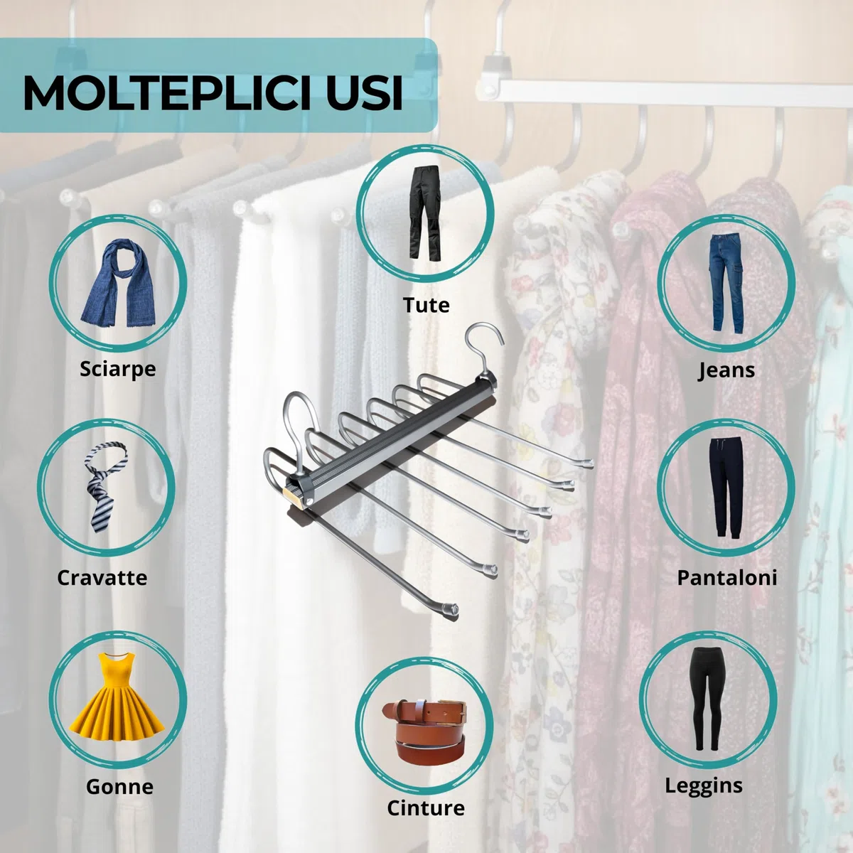 BAILIWANG - Grucce pantaloni 6 in 1,salvaspazio, 2 pezzi, organizer per borse cinture cravatte, appendiabiti, grucce per pantaloni, grucce salvaspazio