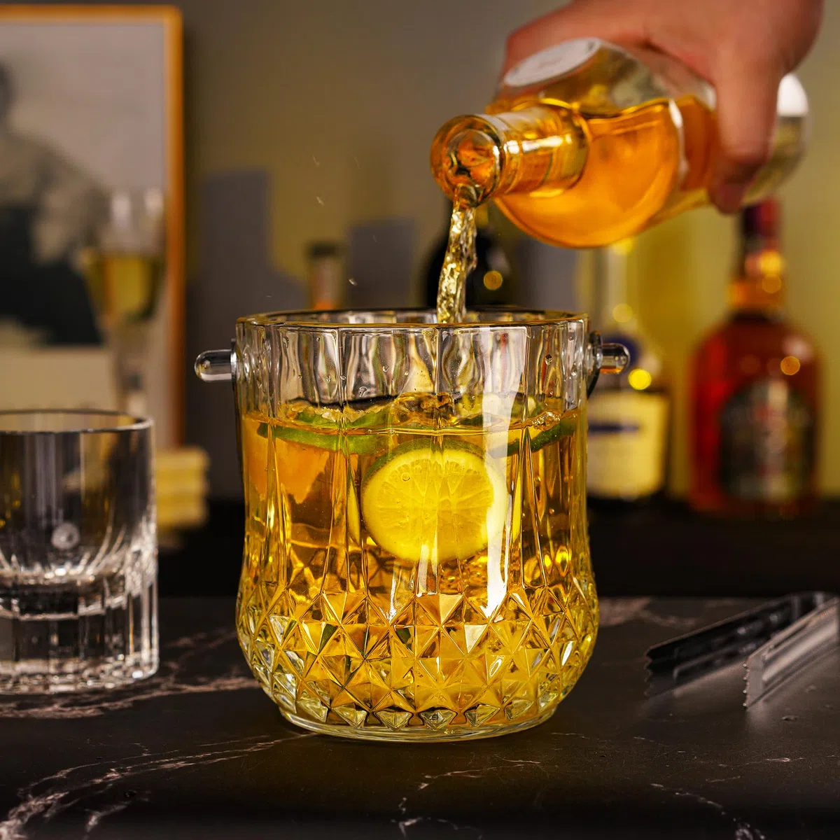 Secchiello del ghiaccio in vetro con manico e pinza per ghiaccio, con capacità di 37 once di ghiaccio, secchi trasparenti in cristallo per bar a casa, accessori per cocktail, vino, feste, secchiello