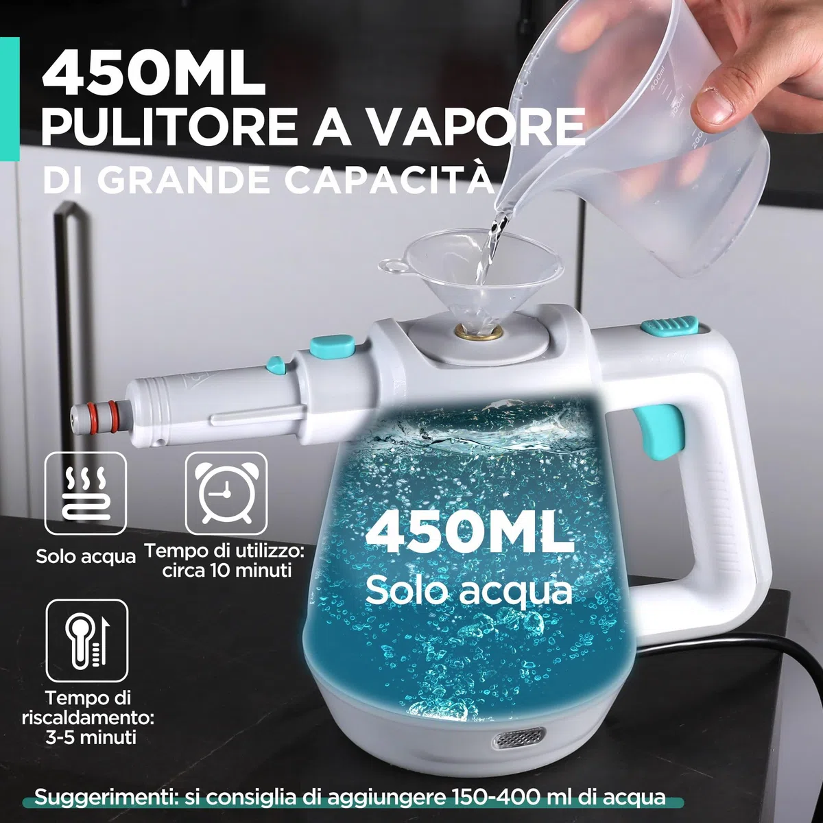 HAUSHOF Pulitore a Vapore Portatile, Serbatoio dell'acqua da 450 ml con 8 Accessori per la Rimozione delle Macchie, Pulitore a Vapore Manuale Portatile per Divano, Cucina, Pavimento, Bagno, Auto