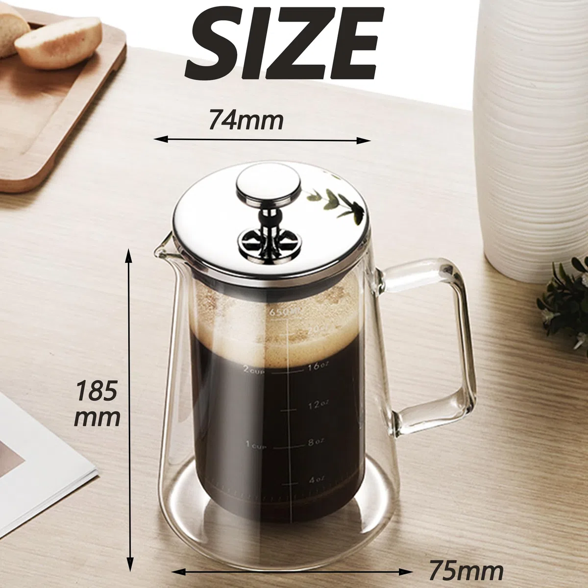 Caffettiera francese da 2 tazze, per filtrare caffè, tè sfuso e schiuma di latte, con triplo filtro in acciaio inox, piccola pressa per tè in vetro borosilicato resistente al calore