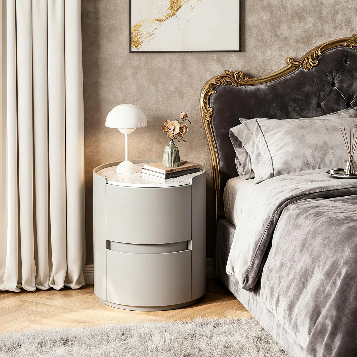 Comodino rotondo con piano in marmo, moderno, comodino in pelle, con 2 cassetti in legno massiccio, per camera da letto, soggiorno, grigio, 40 x 40 x 50 cm