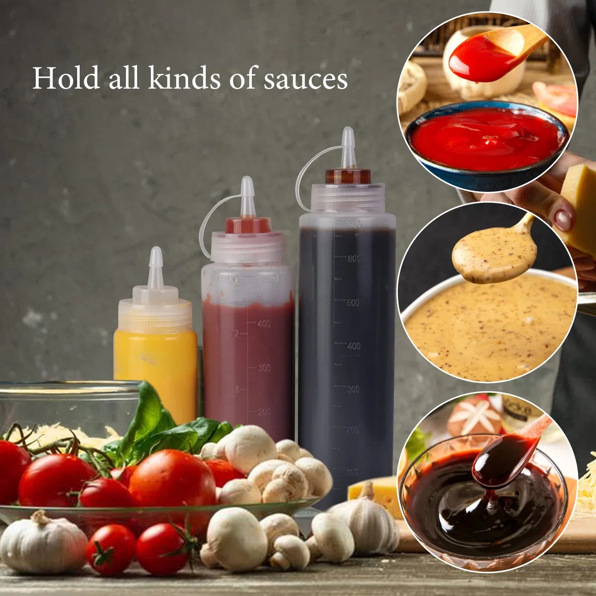 Flaconi Spremibili da 16oz 32oz, Confezione da 10 Flaconi da 500ml 1000ml per Condimenti Spremibili, Dispenser Spremibili in Plastica con Misurazioni per Ketchup, BBQ, Salse, Sciroppo