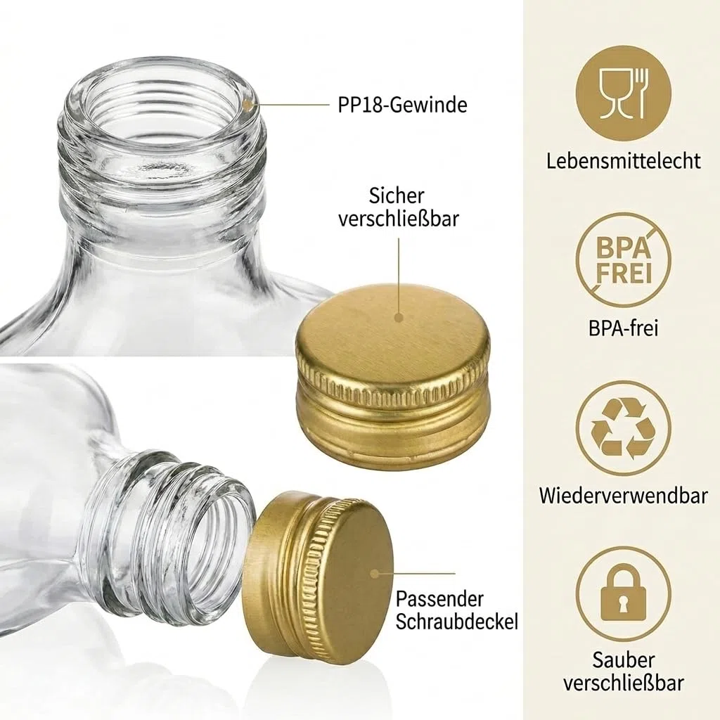 gouveo Set da 48 bottiglie in vetro design fiaschetta (0,04 l) con tappo a vite PP18 dorato mini bottigliette piatte trasparenti per liquore degustazione e DIY (FF040G)