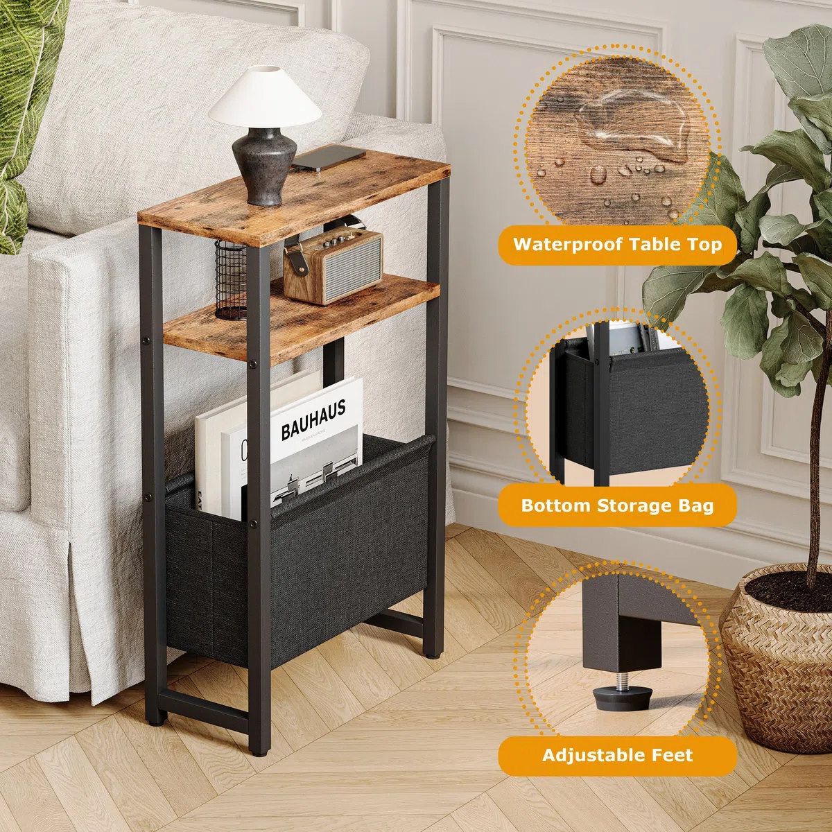Tavolino da Divano Tavolino Sottile con Cestino in Tessuto 3 Livelli Mobiletto Salvaspazio Per Piccoli Spaz Comodino Stretto Moderno Per Soggiorno Camera Balcone Cucina Marrone rustico LET503R
