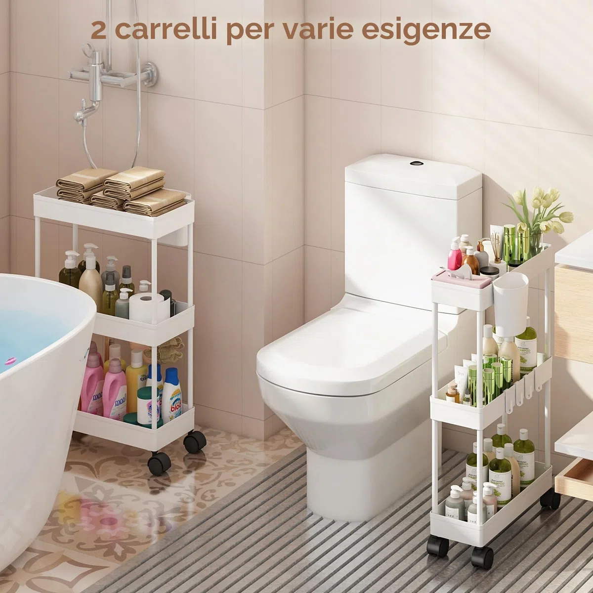 Shirvee 2 PCS Carrello con Ruote a 3 Ripiani Mobile Rotelle Salvaspazio Storage Rack Bagno Cucina per Portavivande Portafrutta (Bianco)